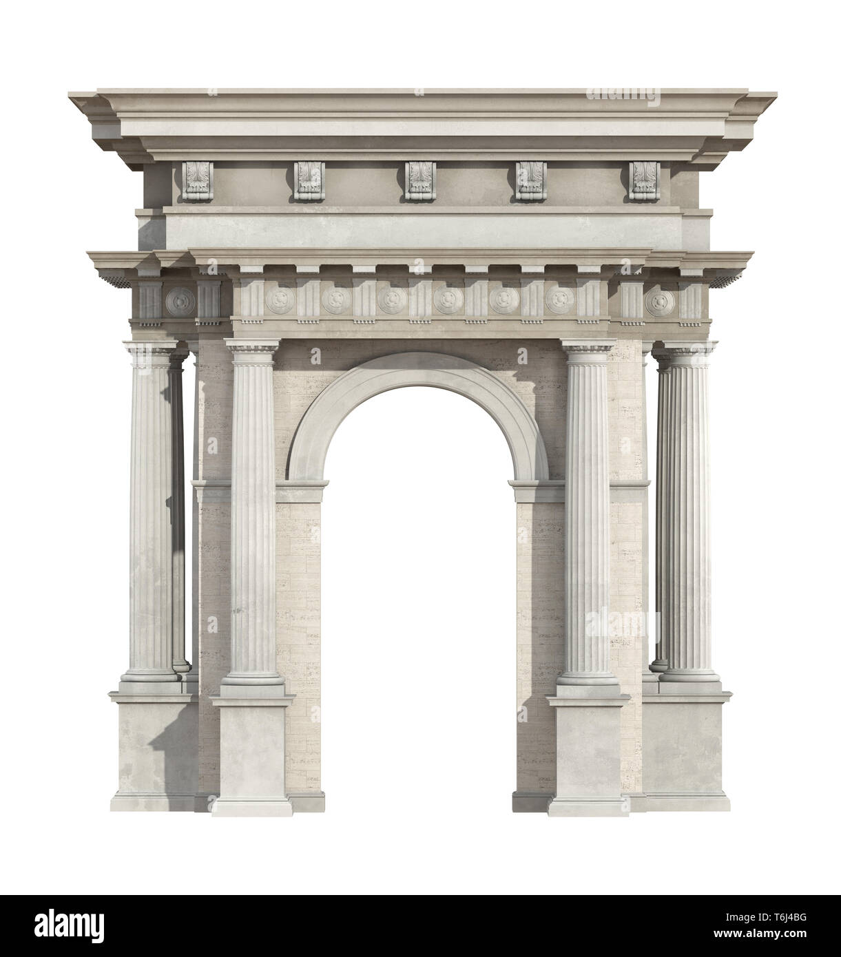 Portale in stile neoclassico isolato su bianco con archi e colonne doriche - 3d rendering Foto Stock