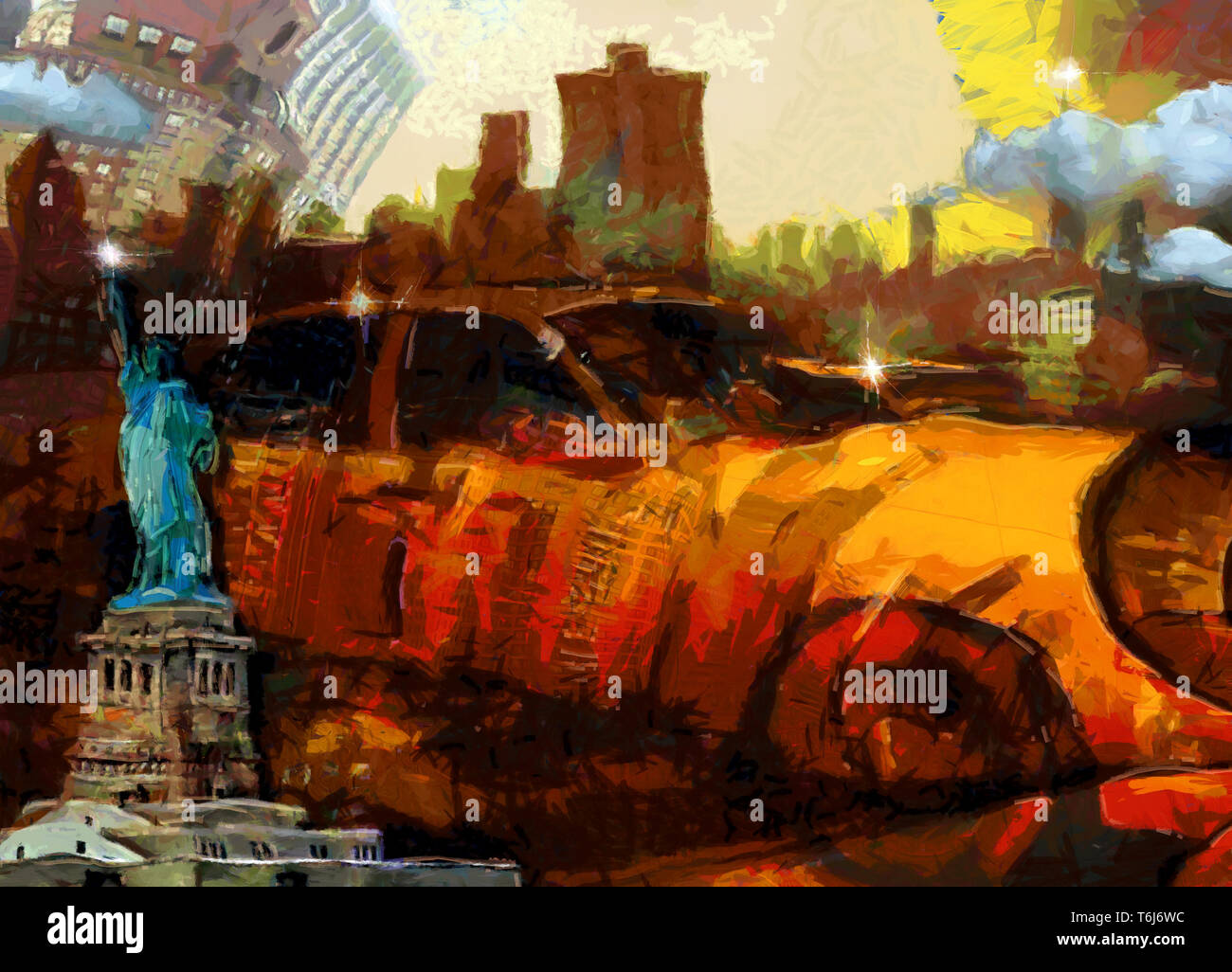Pittura surreale. New York taxi. Statua della Libertà e Yellow Cab Foto Stock