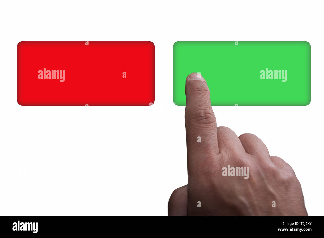 Pulsanti con copia spazio, verde e rosso, e puntare il dito su uno sfondo bianco Foto Stock
