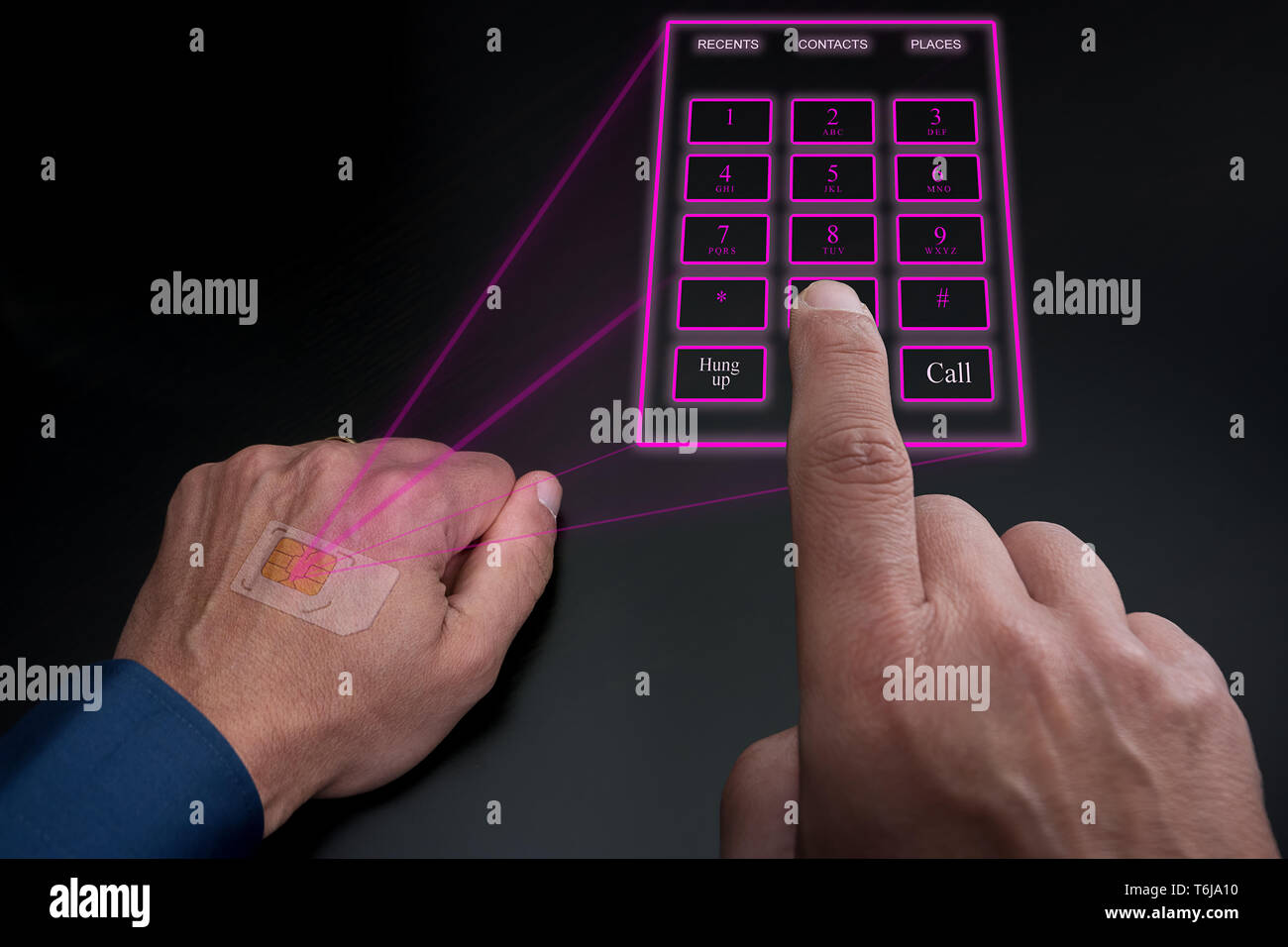 Olografica tastierino telefonico proiettato dalla SIM impiantati sotto la pelle Foto Stock