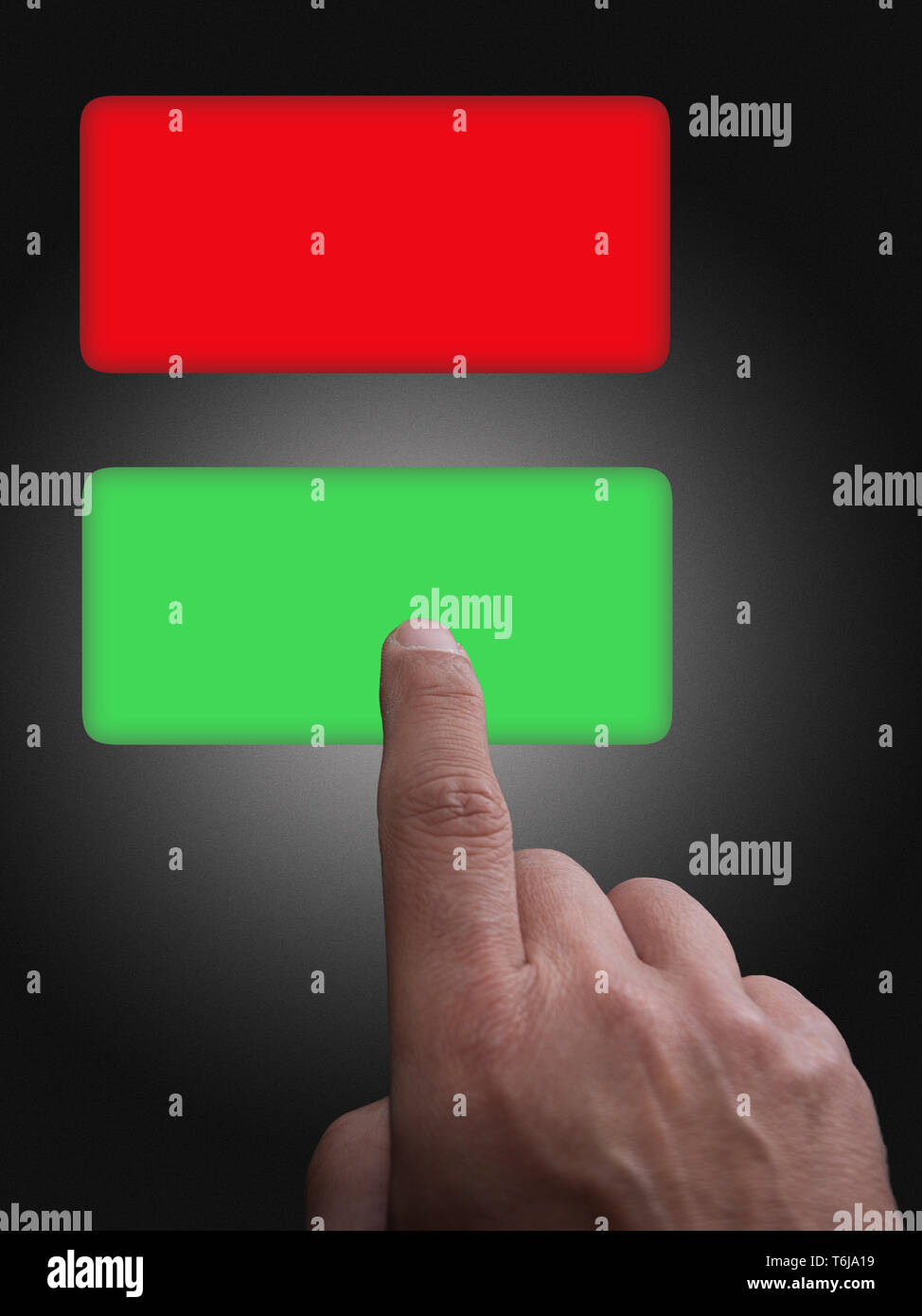 Pulsanti con copia spazio, verde e rosso, e puntare il dito su un gradiente grigio sfondo Foto Stock