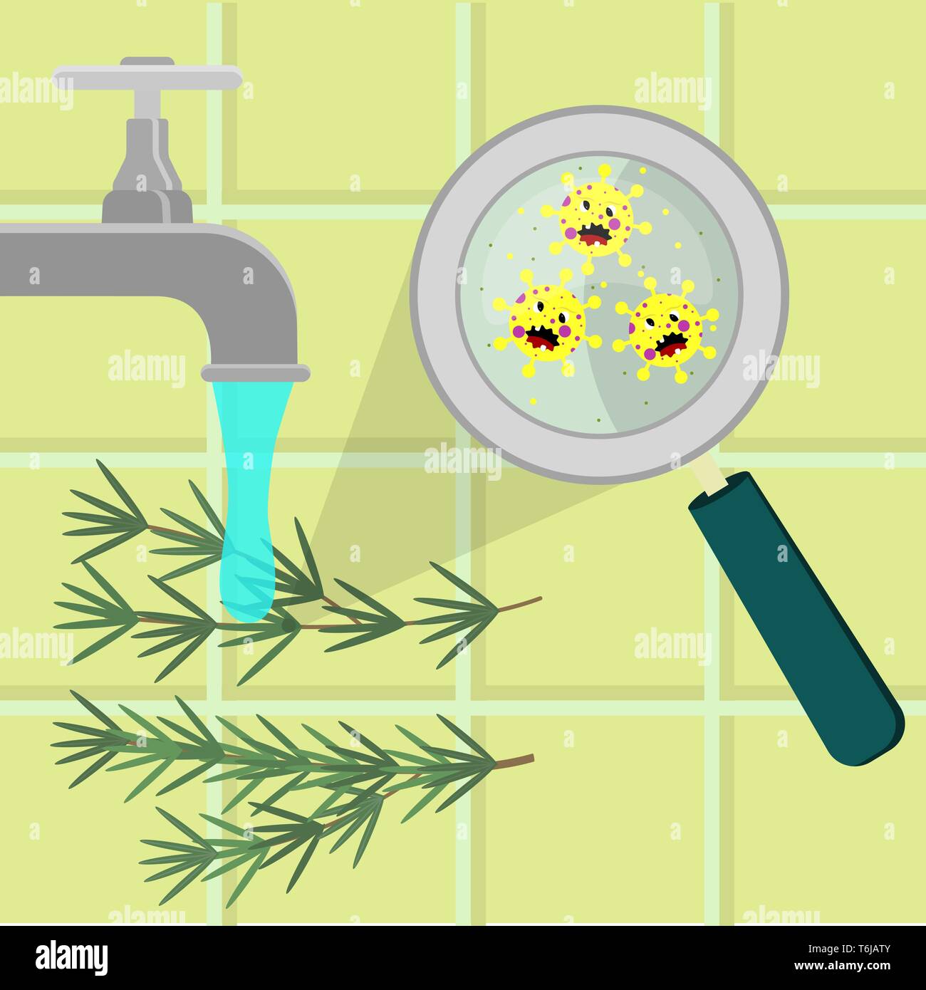 Il rosmarino contaminati con il cartoon microbi essendo pulito e lavato in una cucina. Microrganismi, virus e batteri nel vegetale ingrandita di un m Illustrazione Vettoriale