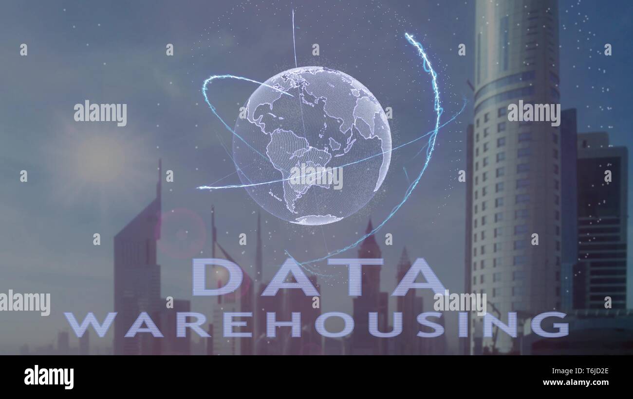Il Data Warehousing testo con ologramma tridimensionale del pianeta terra contro lo sfondo della moderna metropoli Foto Stock