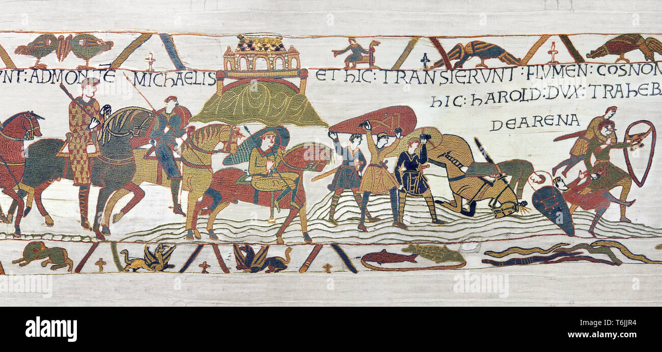 Arazzo di Bayeux scena 17 - i soldati impigliati nelle sabbie mobili nei pressi del Monte San Michele. Foto Stock