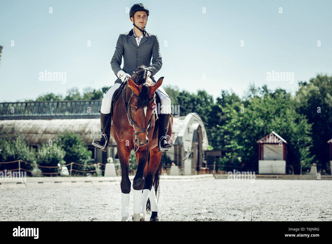 Bella giovane uomo avente un giro sul cavallo Foto Stock