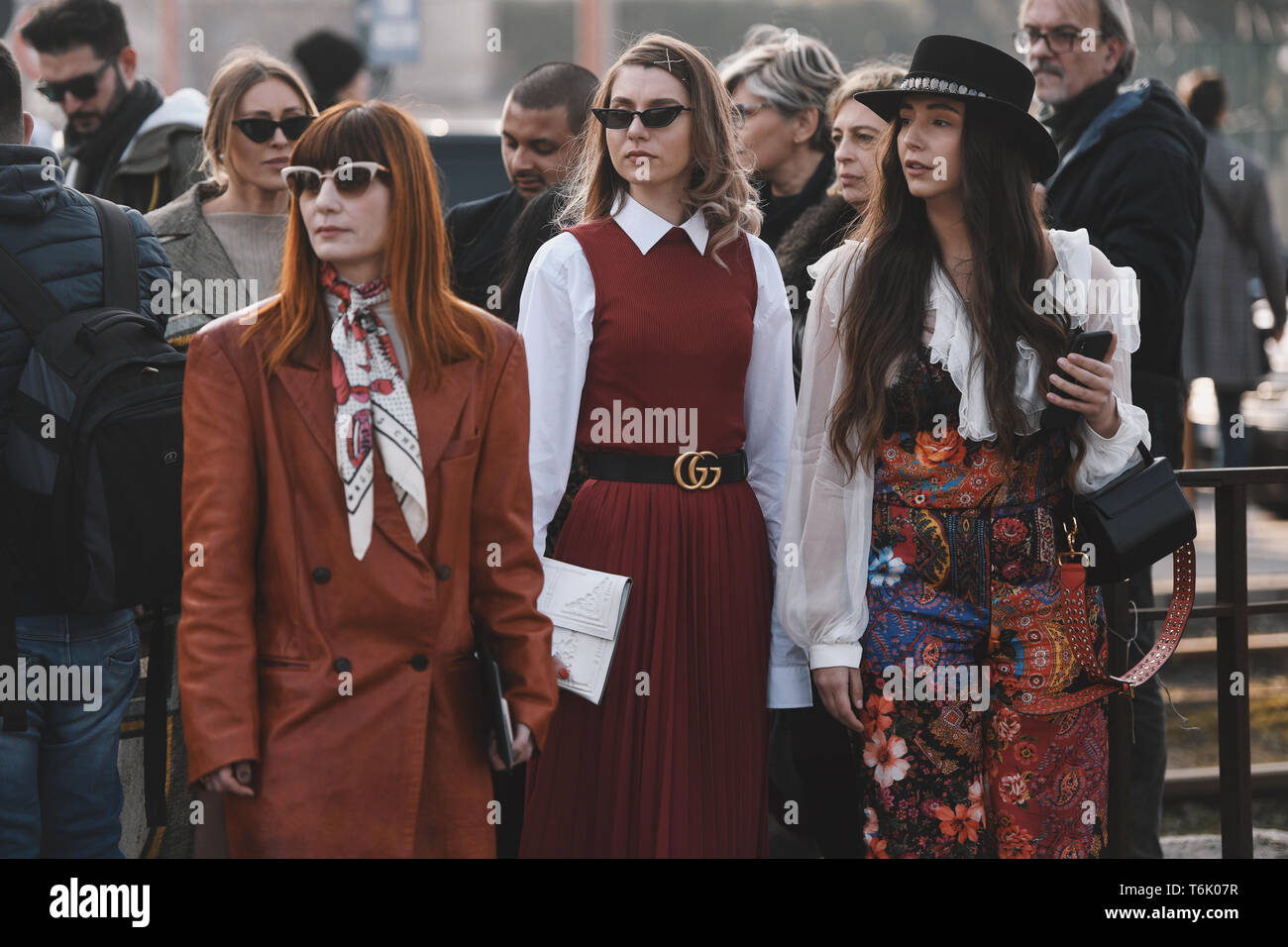 Milano, Italia - 20 Febbraio 2019: Street style - donna che indossa Gucci dopo una sfilata di moda durante la Settimana della Moda Milanese - MFWFW19 Foto Stock