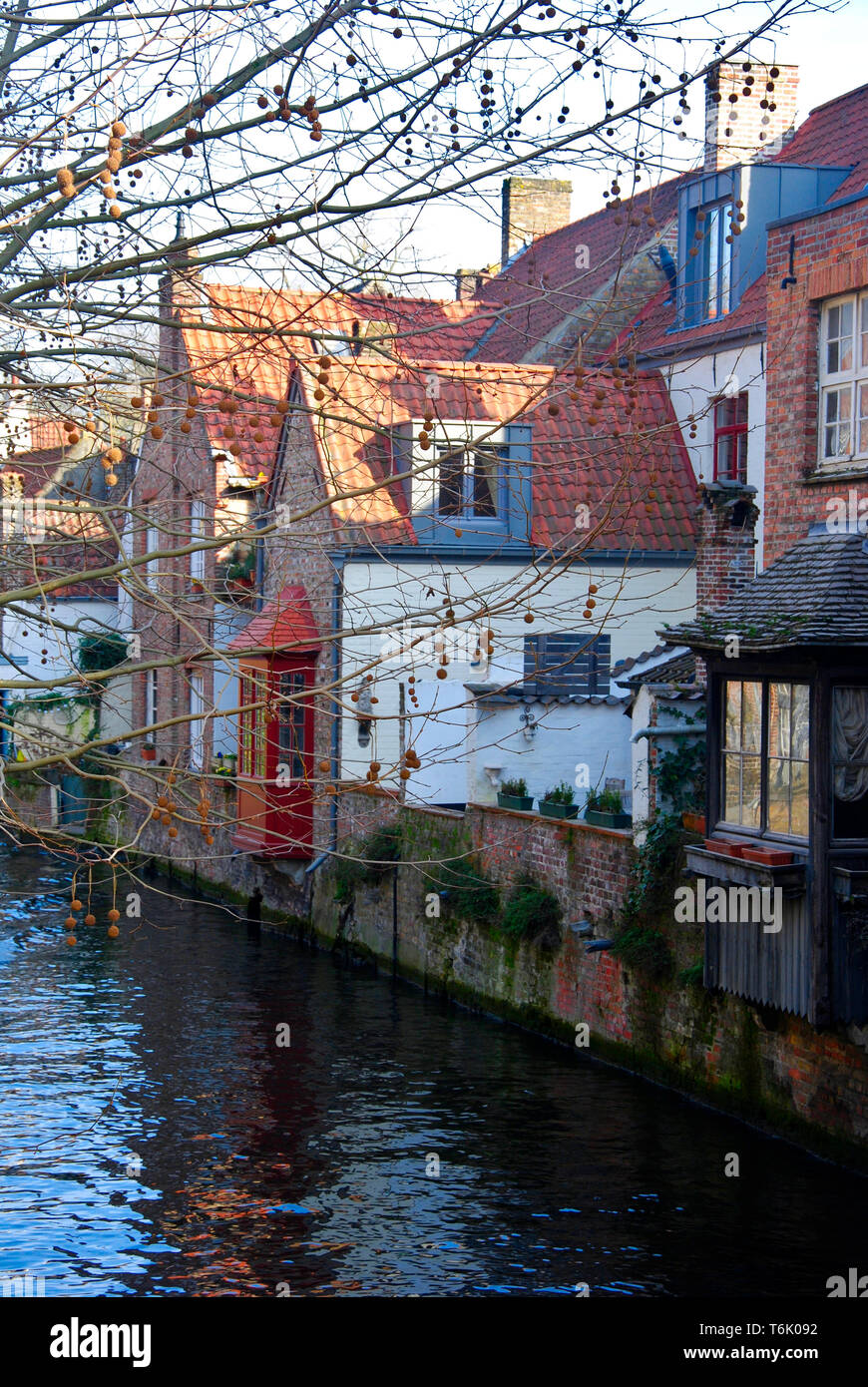 Case vicino i canali del fiume Reie a Bruges. Bruges è una meravigliosa e romantica città in Belgio, uno dei paesi del Benelux in Europa. Foto Stock