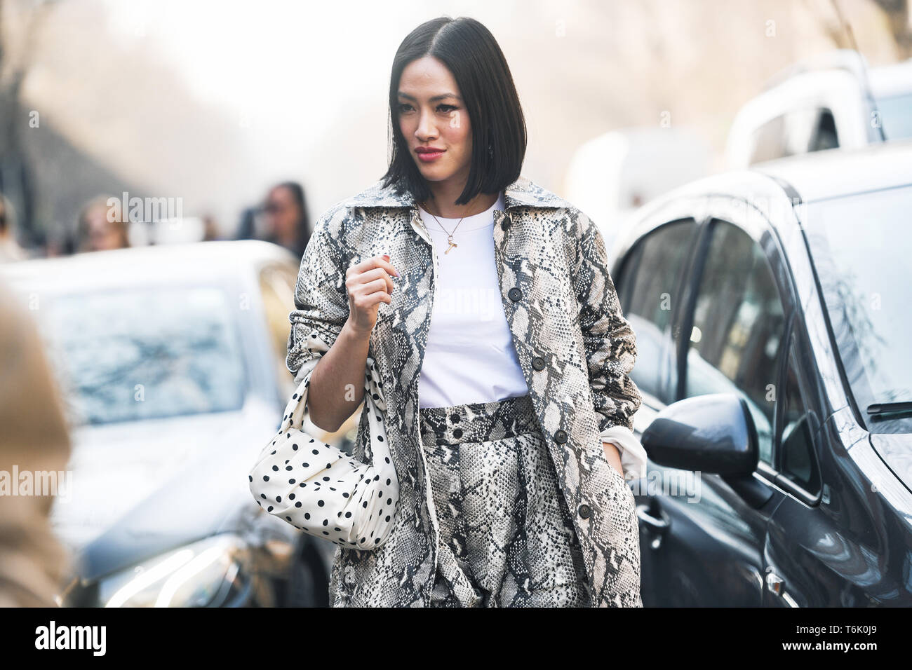 Milano, Italia - 21 Febbraio 2019: Street style - Influencer Tiffany Hsu dopo una sfilata di moda durante la Settimana della Moda Milanese - MFWFW19 Foto Stock