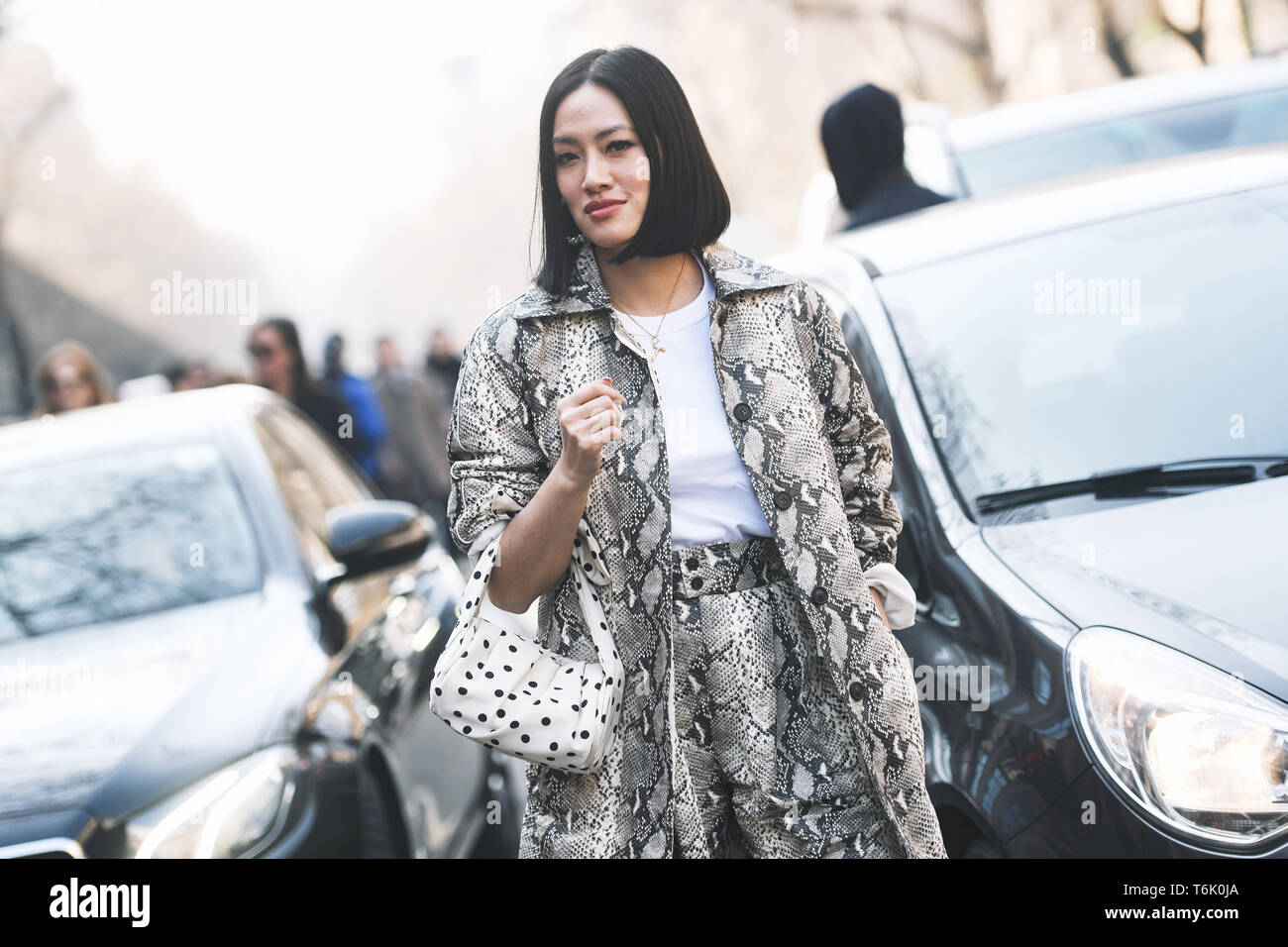 Milano, Italia - 21 Febbraio 2019: Street style - Influencer Tiffany Hsu dopo una sfilata di moda durante la Settimana della Moda Milanese - MFWFW19 Foto Stock