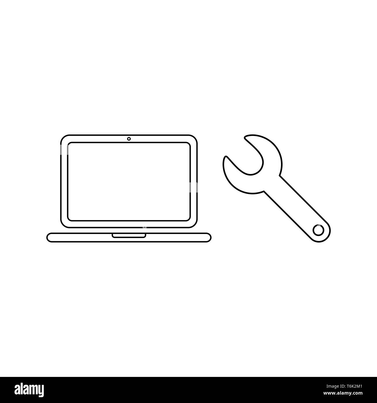 Icona vettore concetto di riparare un computer portatile con una chiave. Contorni neri. Illustrazione Vettoriale