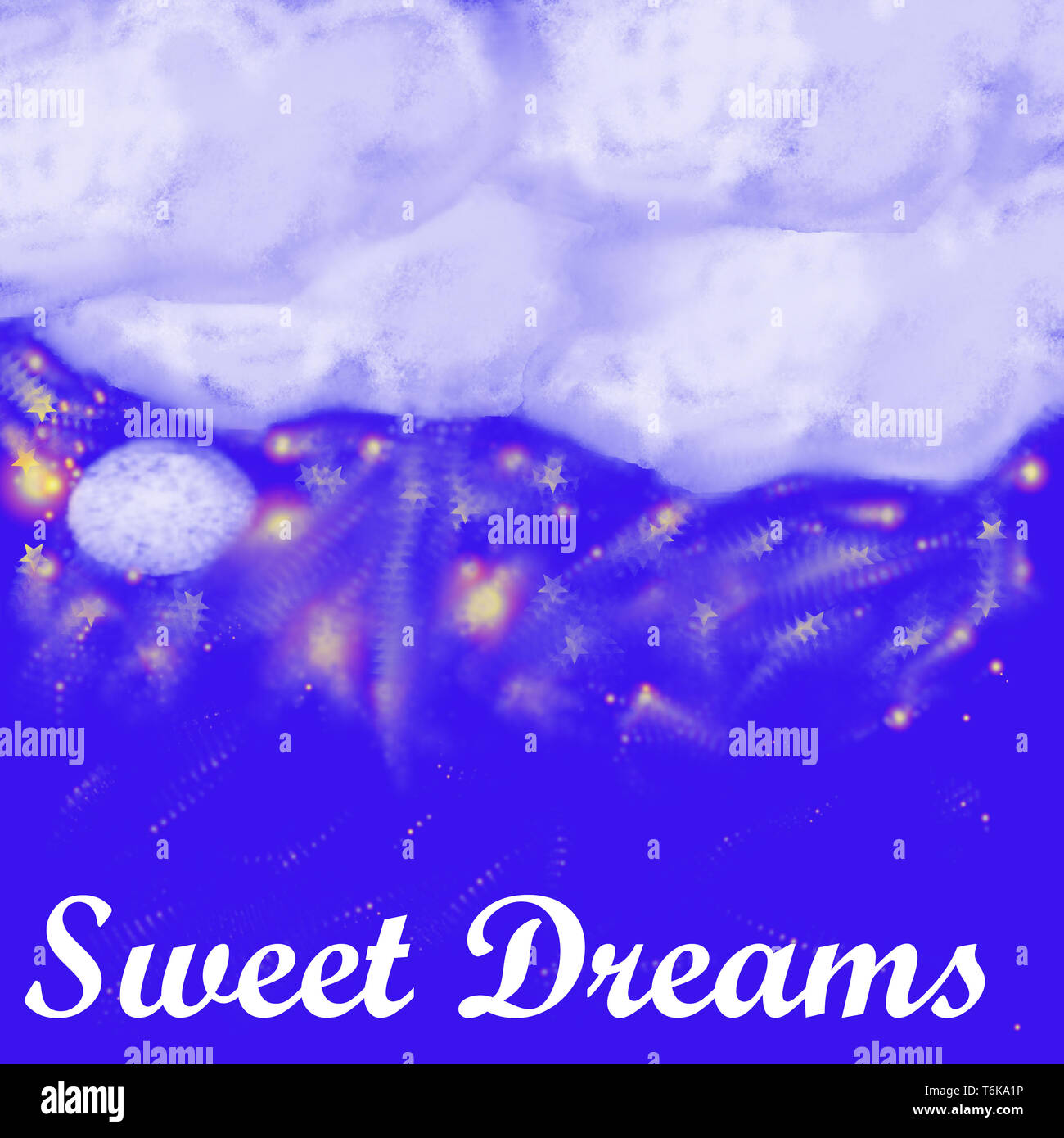 Sweet Dreams testo sulla bella illustrazione tranquillo di notte con il bianco delle nuvole, stelle e luna. Foto Stock