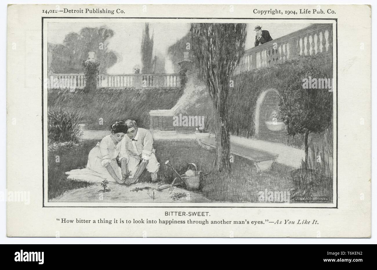 Detroit Publishing Company vintage cartolina raffigurante una illustrazione di due amanti in un giardino a fianco di una citazione di William Shakespeare come vi piace, impostato in Francia, 1914. Dalla Biblioteca Pubblica di New York. () Foto Stock