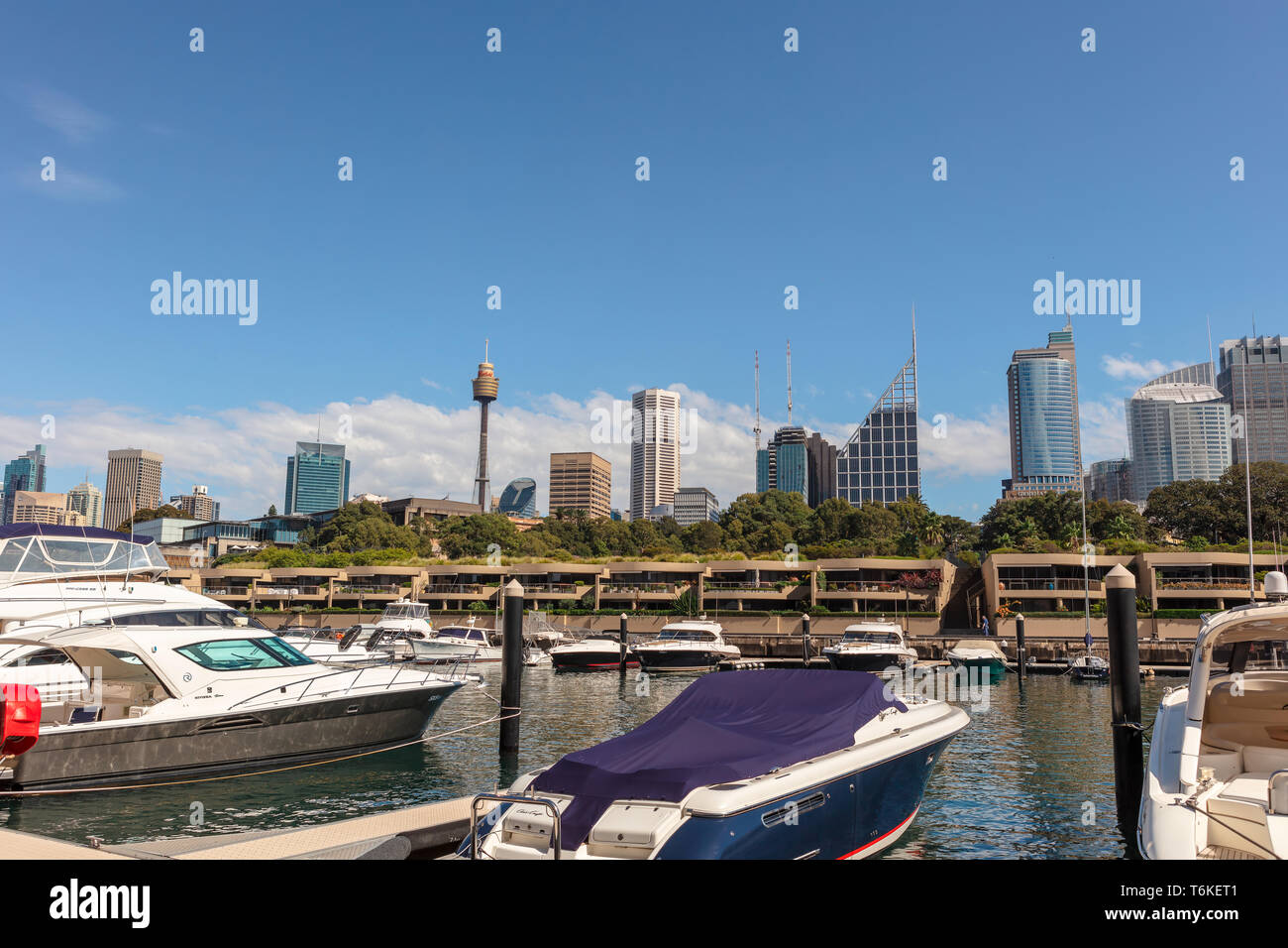 Skyline di edifici moderni a Sydney in Australia da Woollooooloo Wharf. Foto Stock