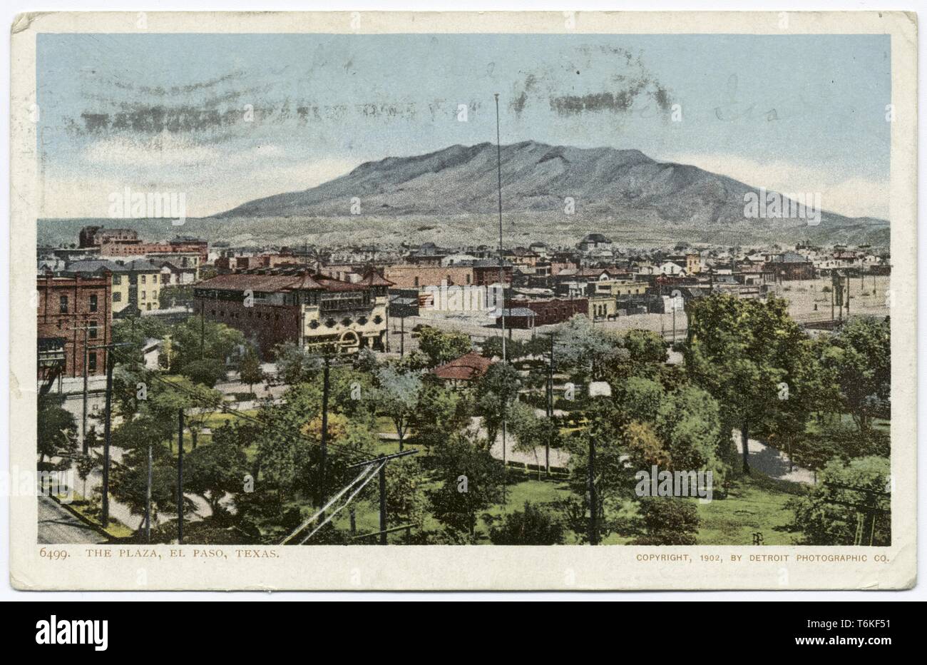 Detroit Publishing Company vintage cartolina raffigurante il Plaza e le montagne di El Paso, Texas, 1914. Dalla Biblioteca Pubblica di New York. () Foto Stock