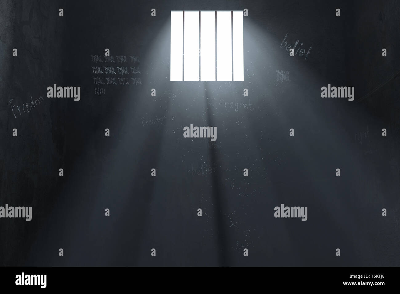 3D rendering di grunge cella di prigione con le ombre dei montanti proiettata sulla parete dal raggio di luce sulla finestra Foto Stock