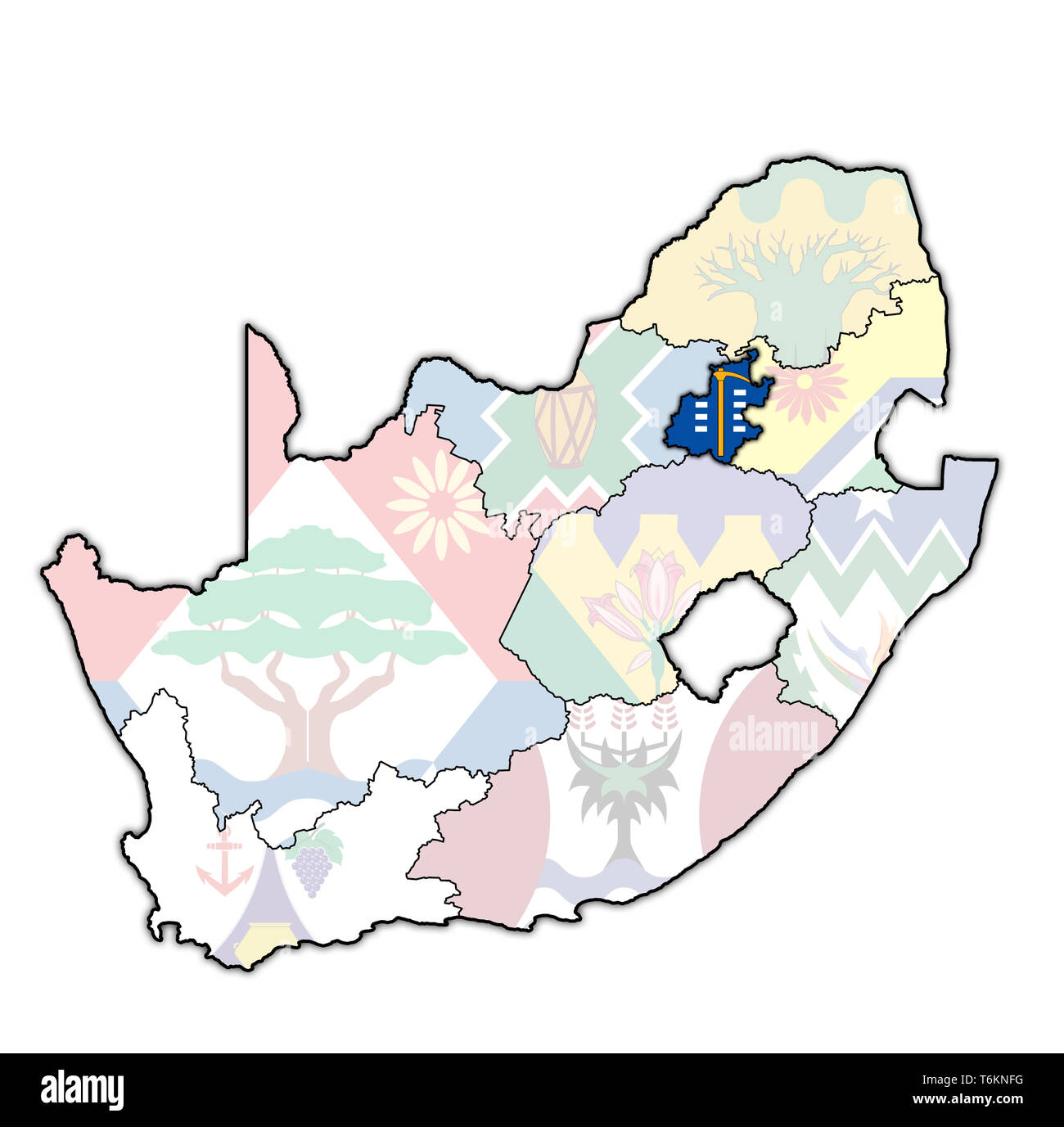 Emblema della regione di Gauteng sulla mappa con le divisioni amministrative e frontiere del sud africa Foto Stock