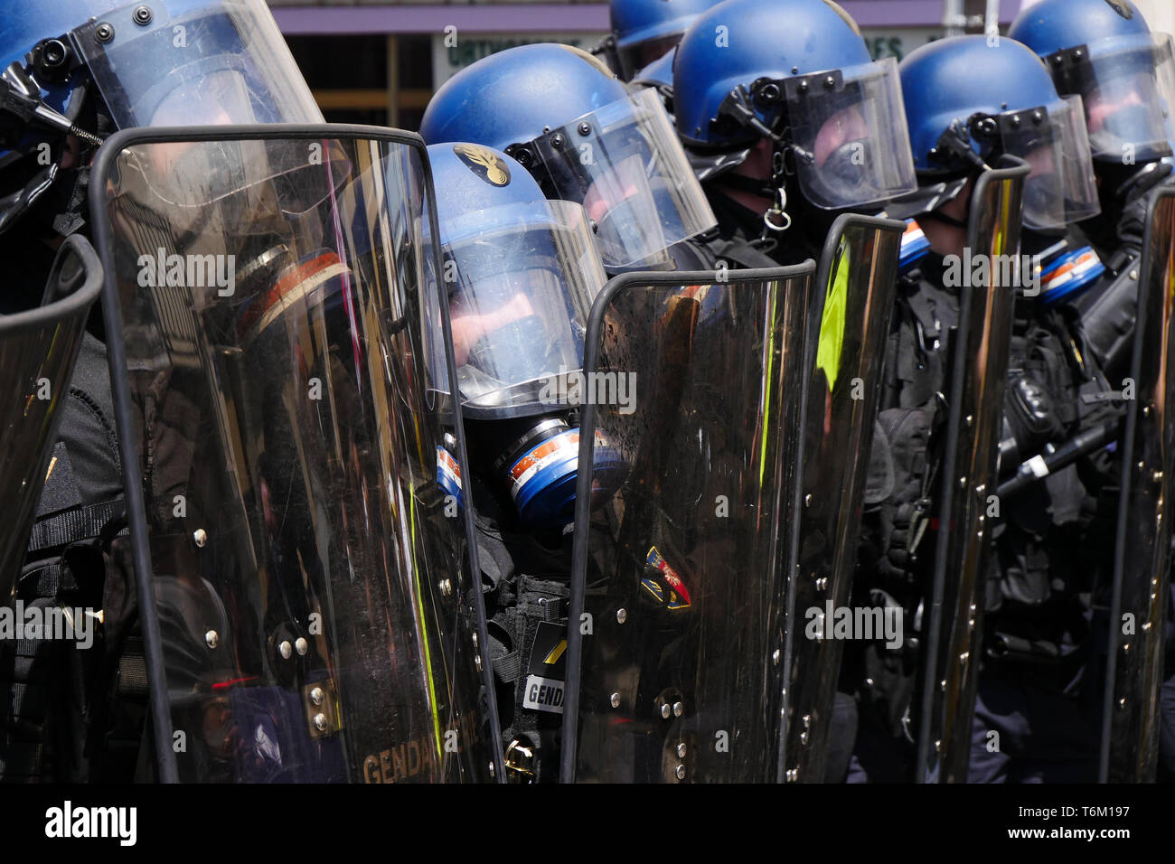 Giacche gialle e sindacalisti può partecipare può giorno marzo a Lione , Francia Foto Stock