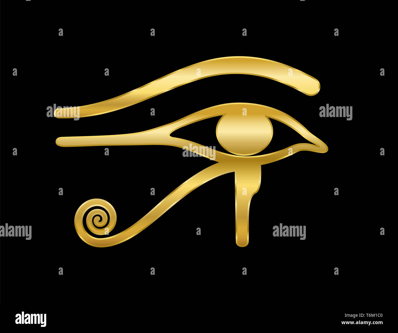 Golden occhio di Horus su sfondo nero. Antica dea egizia Wedjat simbolo di protezione, il potere reale e in buona salute. Simile a occhio di Ra. Foto Stock