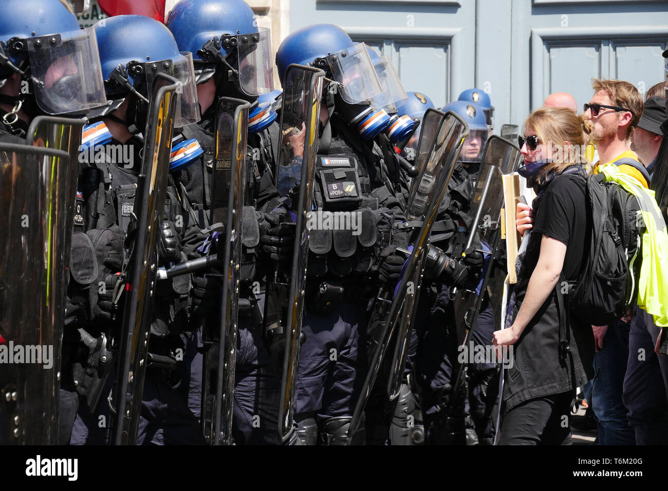 Giacche gialle e sindacalisti può partecipare può giorno marzo a Lione , Francia Foto Stock