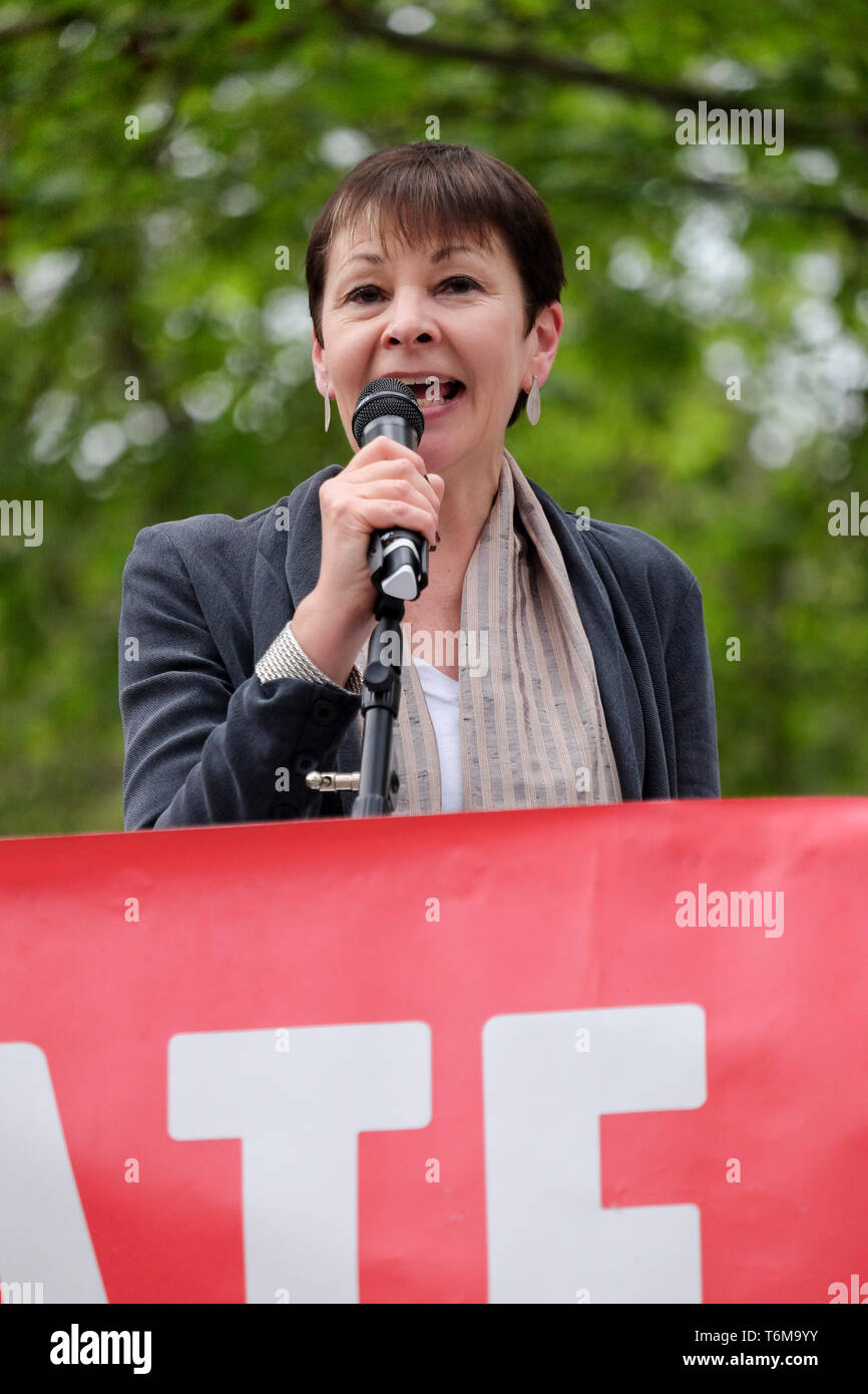 Il verde di leader di partito, Caroline Lucas indirizzi rally come MPs approvare una proposta di dichiarare formalmente una emergenza climatica Foto Stock