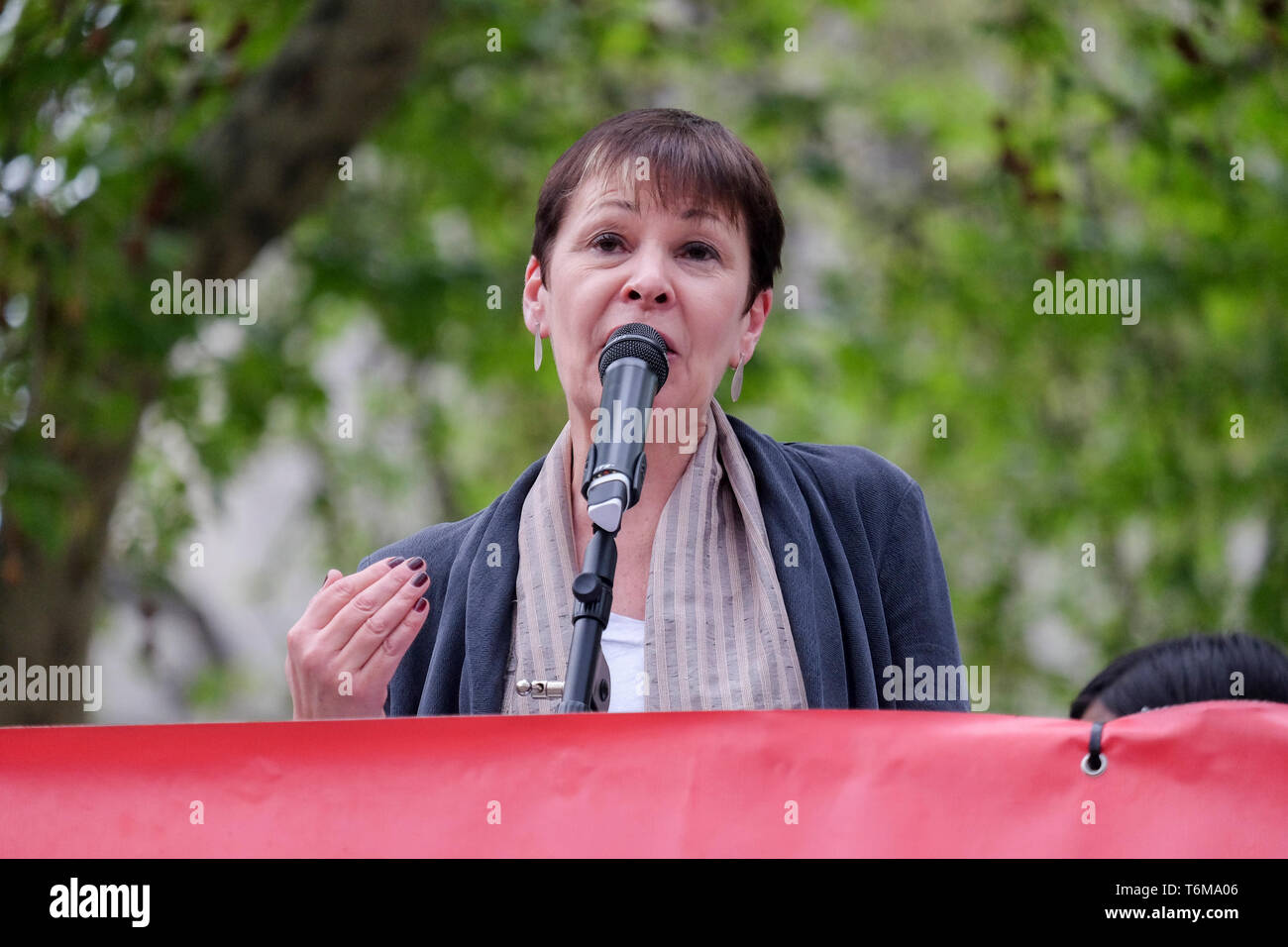 Il verde di leader di partito, Caroline Lucas indirizzi rally come MPs approvare una proposta di dichiarare formalmente una emergenza climatica Foto Stock