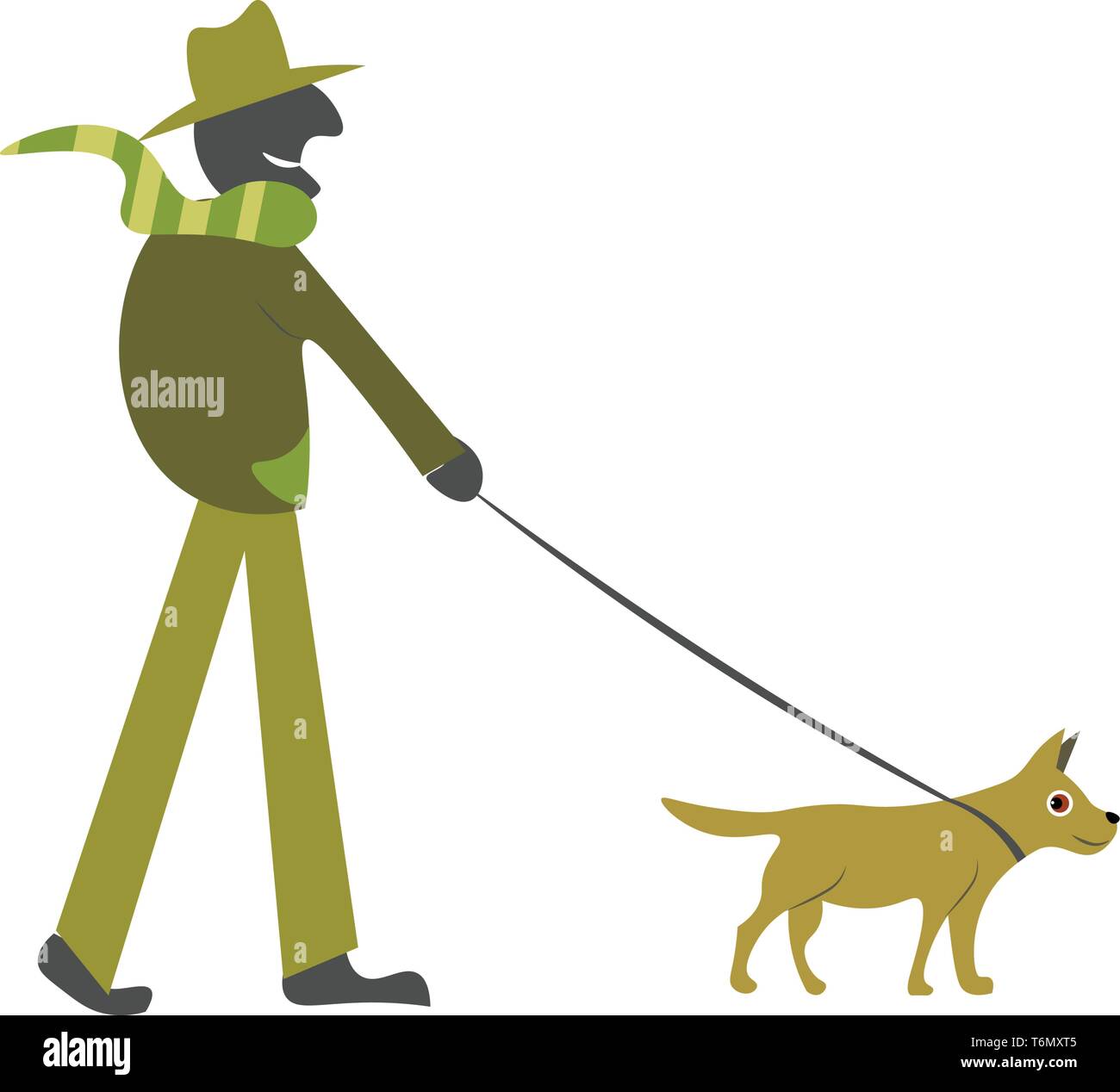 Uomo che cammina un cane al guinzaglio illustrazione vettore su sfondo bianco Illustrazione Vettoriale