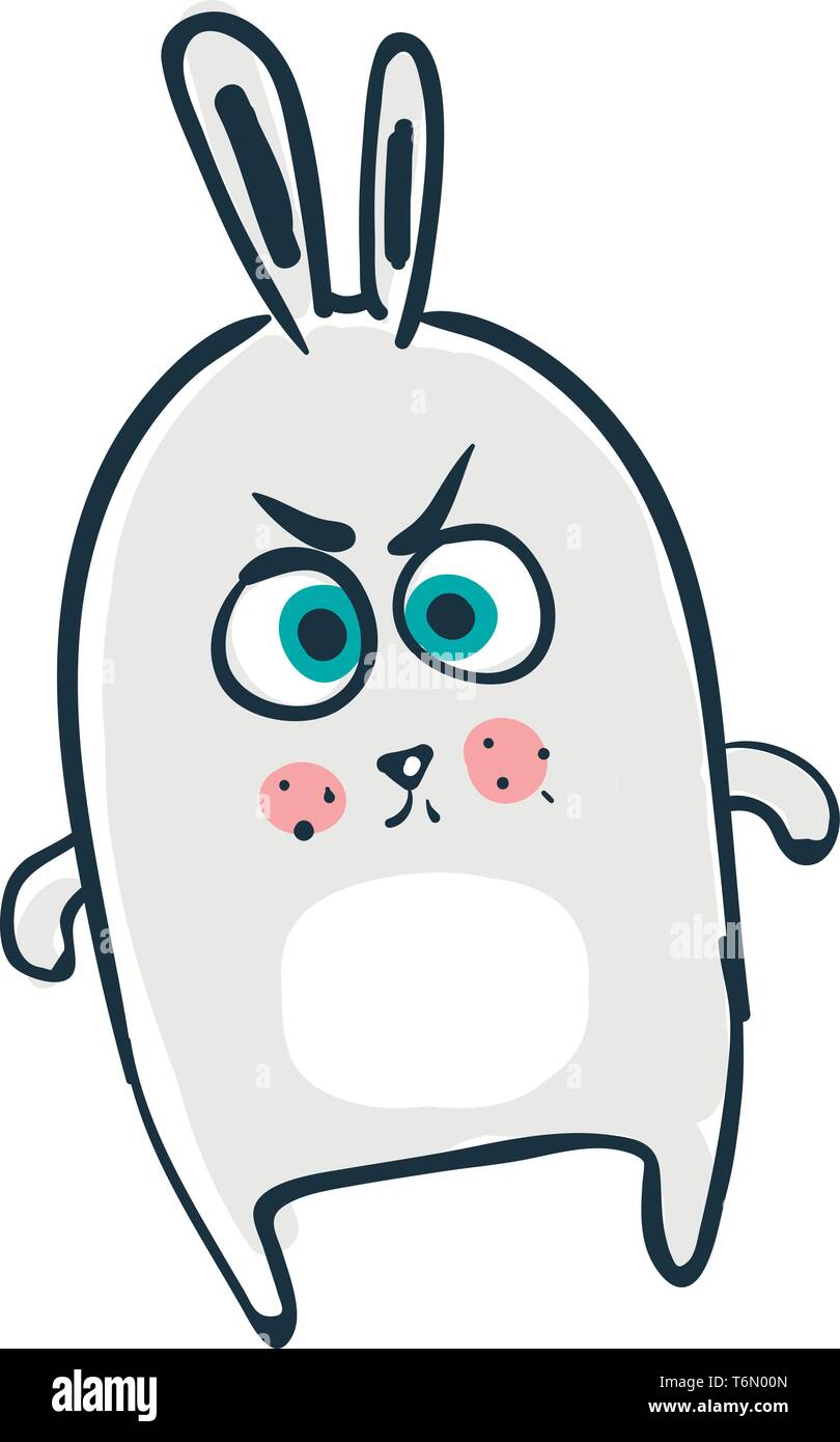 Un arrabbiato coniglio in un divertente cartone animato con gli occhi grandi e piccole gambe e braccia del vettore di disegno a colori o illustrazione Illustrazione Vettoriale