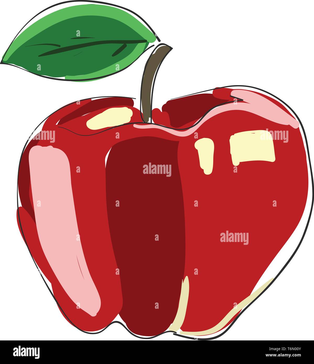 La verniciatura di una mela rossa con una singola foglia verde in un vettore astratto colore di disegno o illustrazione Illustrazione Vettoriale