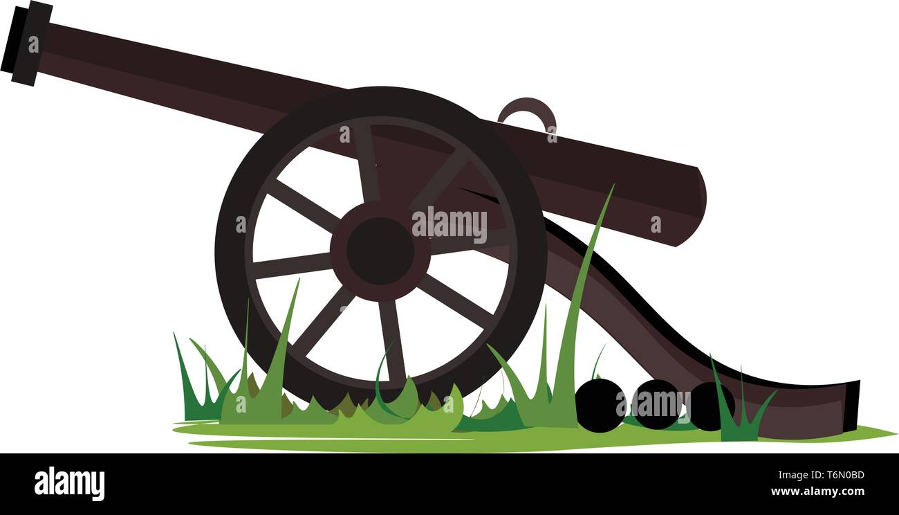 Un grande cannone militare su un prato con tre proiettili pronti per caricare e vettore di fuoco il colore di disegno o illustrazione Illustrazione Vettoriale
