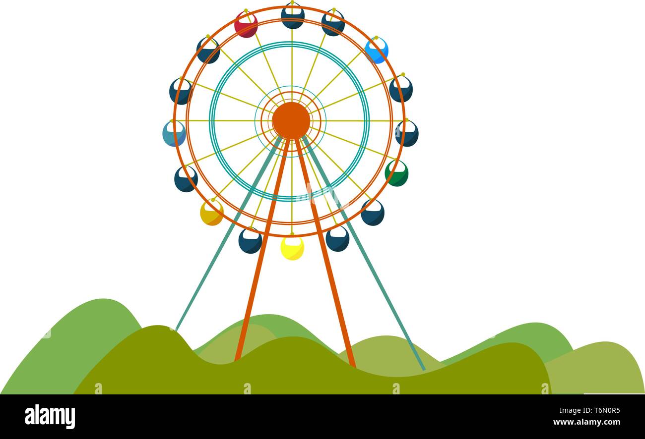 Una ruota panoramica gigante nel parco per i bambini a giocare a vettore di disegno a colori o illustrazione Illustrazione Vettoriale