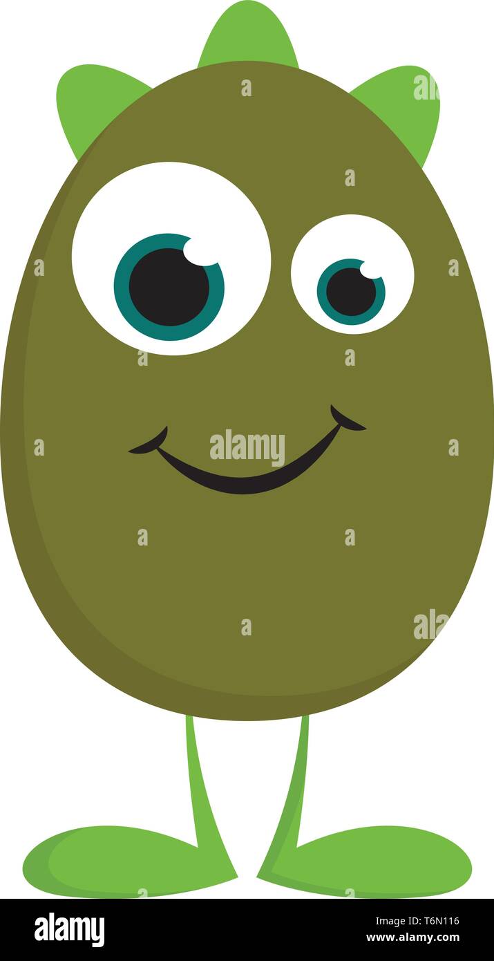 Un simpatico mostro verde con tre corna verde e due gambe del vettore di disegno a colori o illustrazione Illustrazione Vettoriale