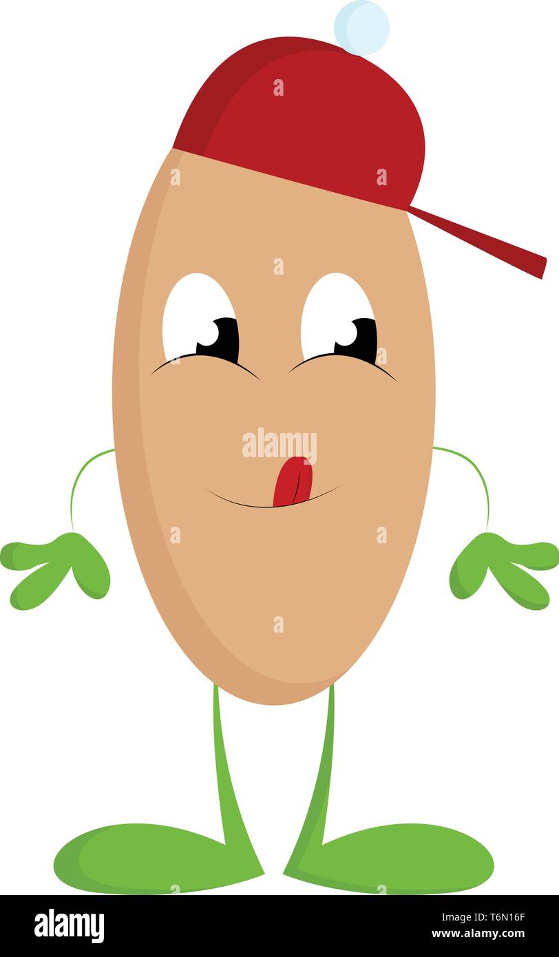 Cartoon funny monster con colore verde le mani e gambe in un Red Hat e lingua bloccati mentre gli occhi rotolato giù il vettore il colore di disegno o illustrat Illustrazione Vettoriale