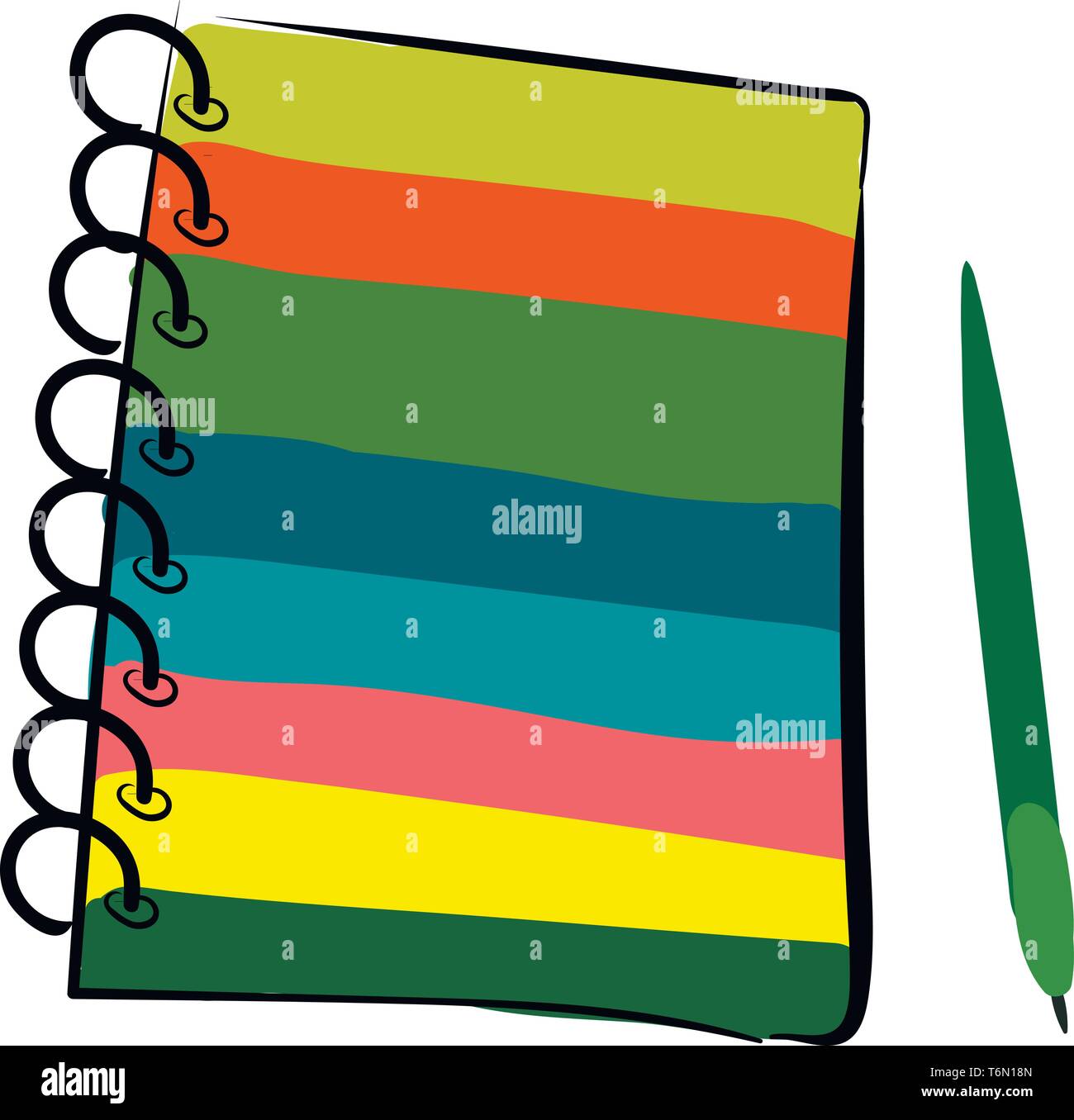 Clipart di un multi-colore filo-bound notebook e un verde-pennarello colorato con un pennino lasciato aperto e non ha alcun vettore di coperchio il colore di disegno o illustrazione Illustrazione Vettoriale