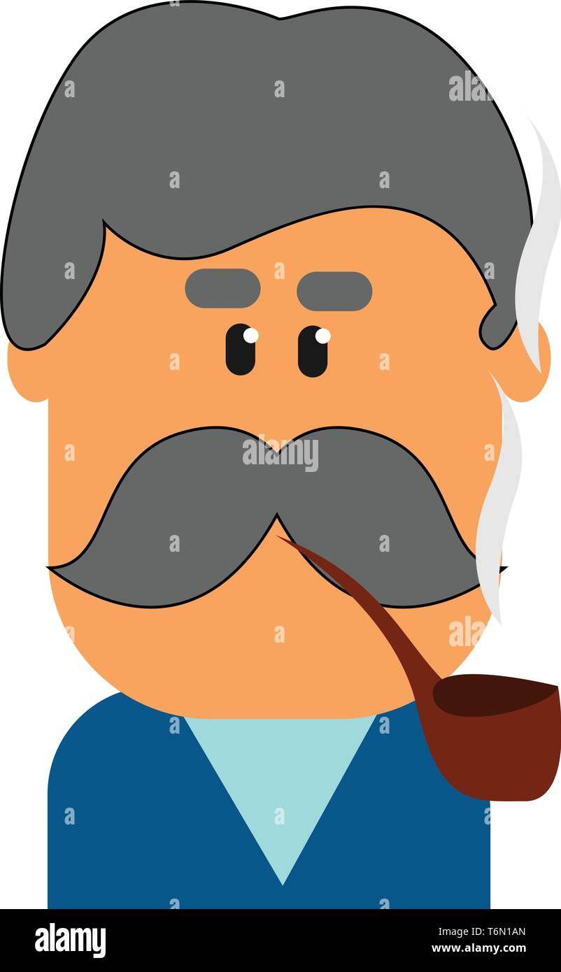 Clipart di un vecchio in un costume blu ha una lunga e fitta i baffi e con una tubazione di sigaro in bocca che egli è il fumo del tabacco vettore di sigaretta Illustrazione Vettoriale