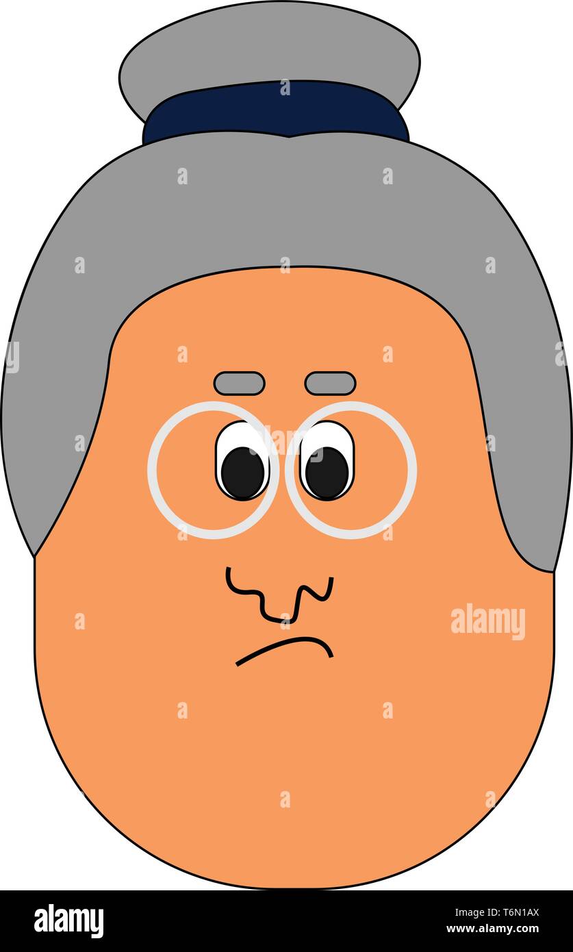 Cartoon volto di una donna anziana con una pagnotta acconciatura sul suo pelo bianco e circolari lenti di vetro senza telaio o tempio occhi rotolato giù esprime triste Illustrazione Vettoriale