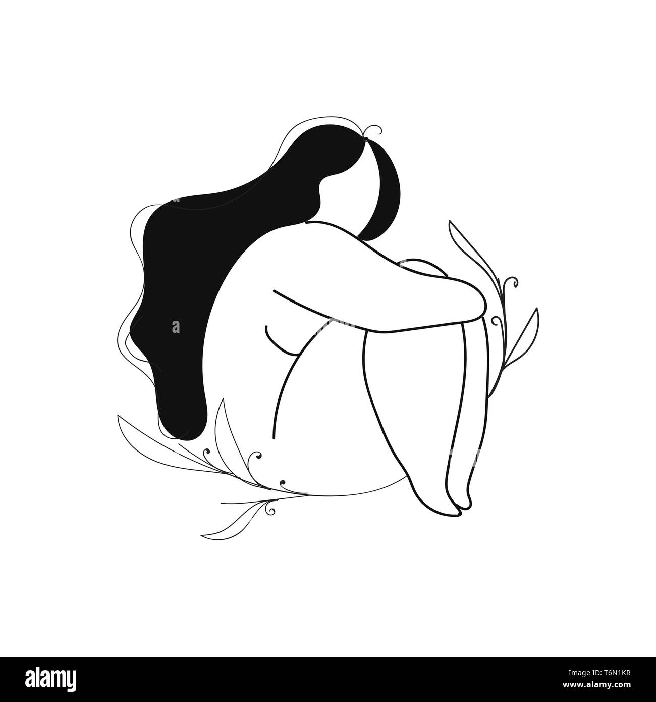 Arte di linea di una ragazza in lunghi capelli neri con la sua mano appoggiato sulle ginocchia seduti in posizione accovacciata tra il vettore di foglie di colore di disegno o illu Illustrazione Vettoriale
