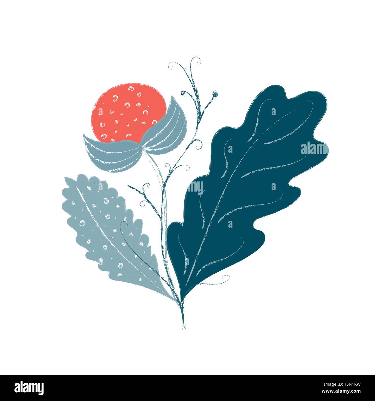 Clipart di una pianta con un fiore rosso e foglie aventi un round-dentato ed il bordo dentellato del vettore di disegno a colori o illustrazione Illustrazione Vettoriale