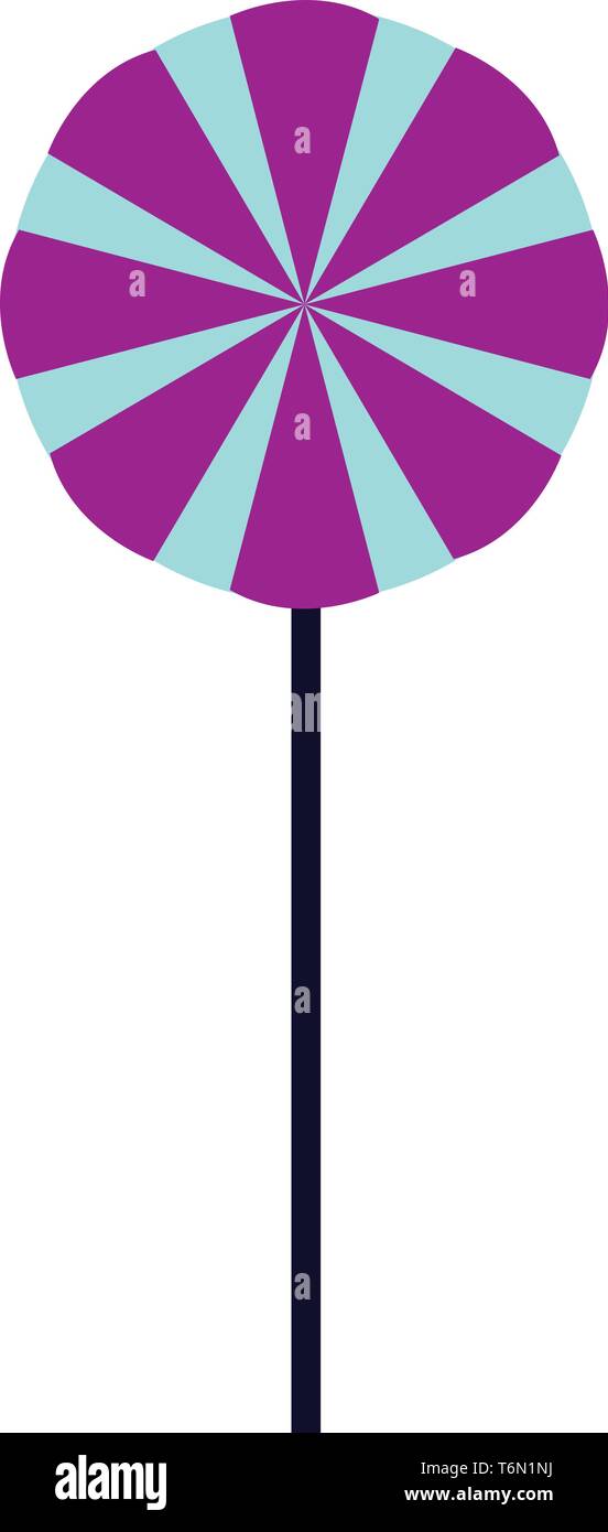 A forma di spirale color porpora lecca-lecca attaccato ad un lungo la bacchetta nera amata da tutti i bambini del vettore di disegno a colori o illustrazione Illustrazione Vettoriale