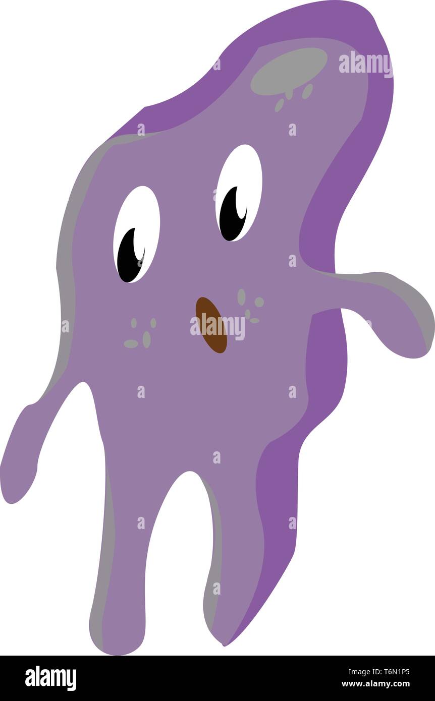 Cartoon funny Purple Monster con due occhi mani gambe e una bocca aperta è nel vettore di sgomento il colore di disegno o illustrazione Illustrazione Vettoriale