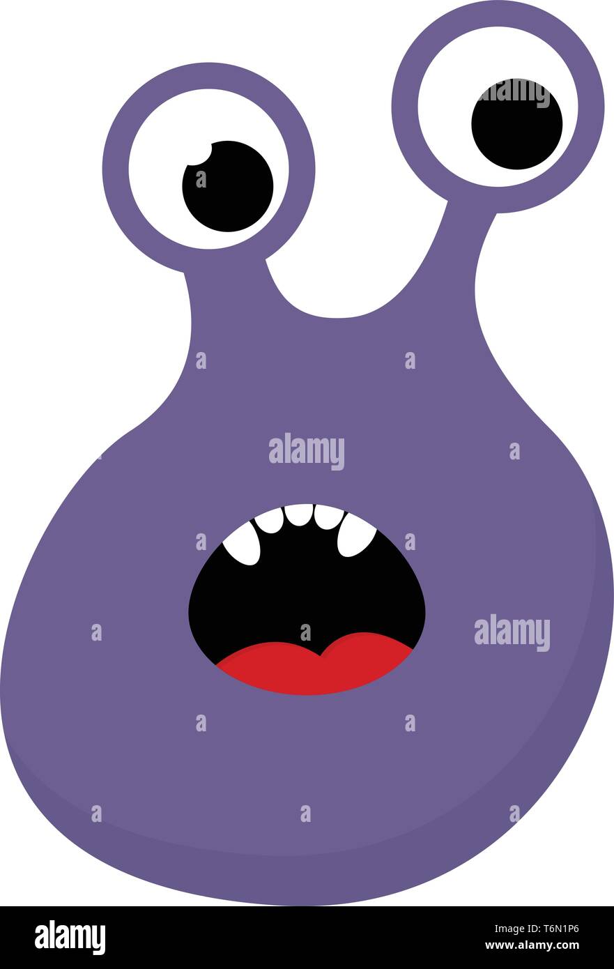 Cartoon funny Purple Monster con due occhi e di esporre in lingua rossa e dei suoi cinque denti bianchi mentre il vettore ha sorpreso il colore di disegno o illustrazione Illustrazione Vettoriale