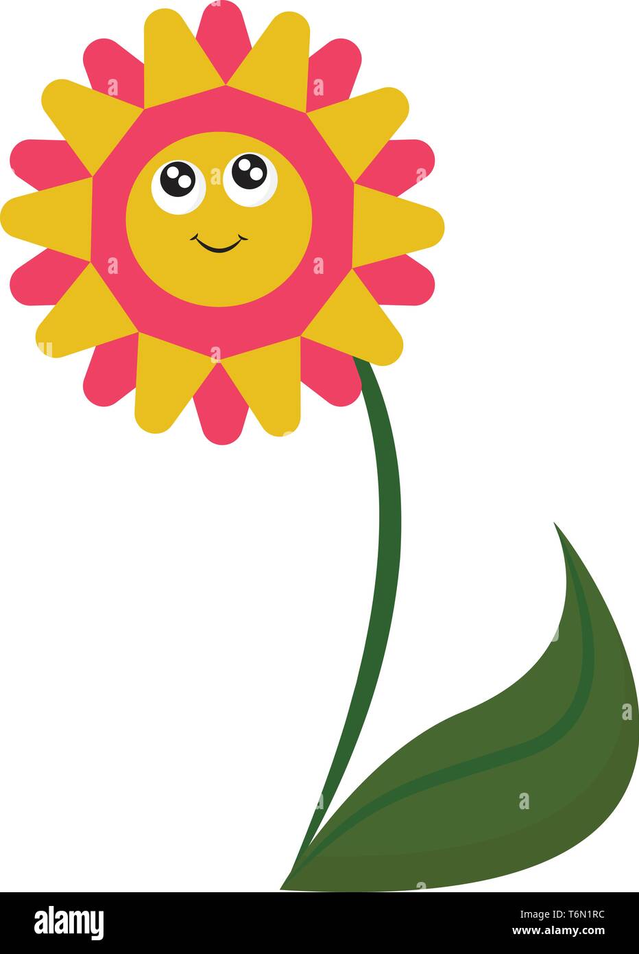 Clipart di rosso e giallo fiore con due grandi occhi circolare un lungo peduncolo verde e da un'unica foglia sembra bella mentre sorridente vettore dra a colori Illustrazione Vettoriale