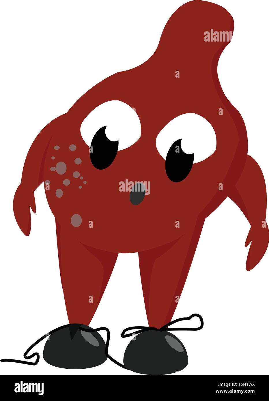 Clipart di un colore rosso monster indossando scarpe nere e gli occhi rotolato giù guarda costernato mentre il vettore permanente il colore di disegno o illustrazione Illustrazione Vettoriale