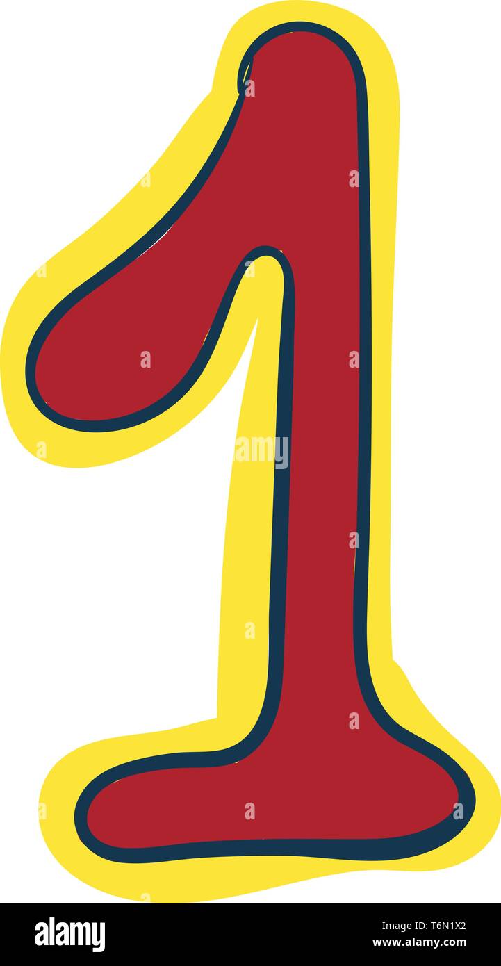 Clipart del numero numerico uno o 1 in colore rosso con un contorno giallo vettore di disegno a colori o illustrazione Illustrazione Vettoriale