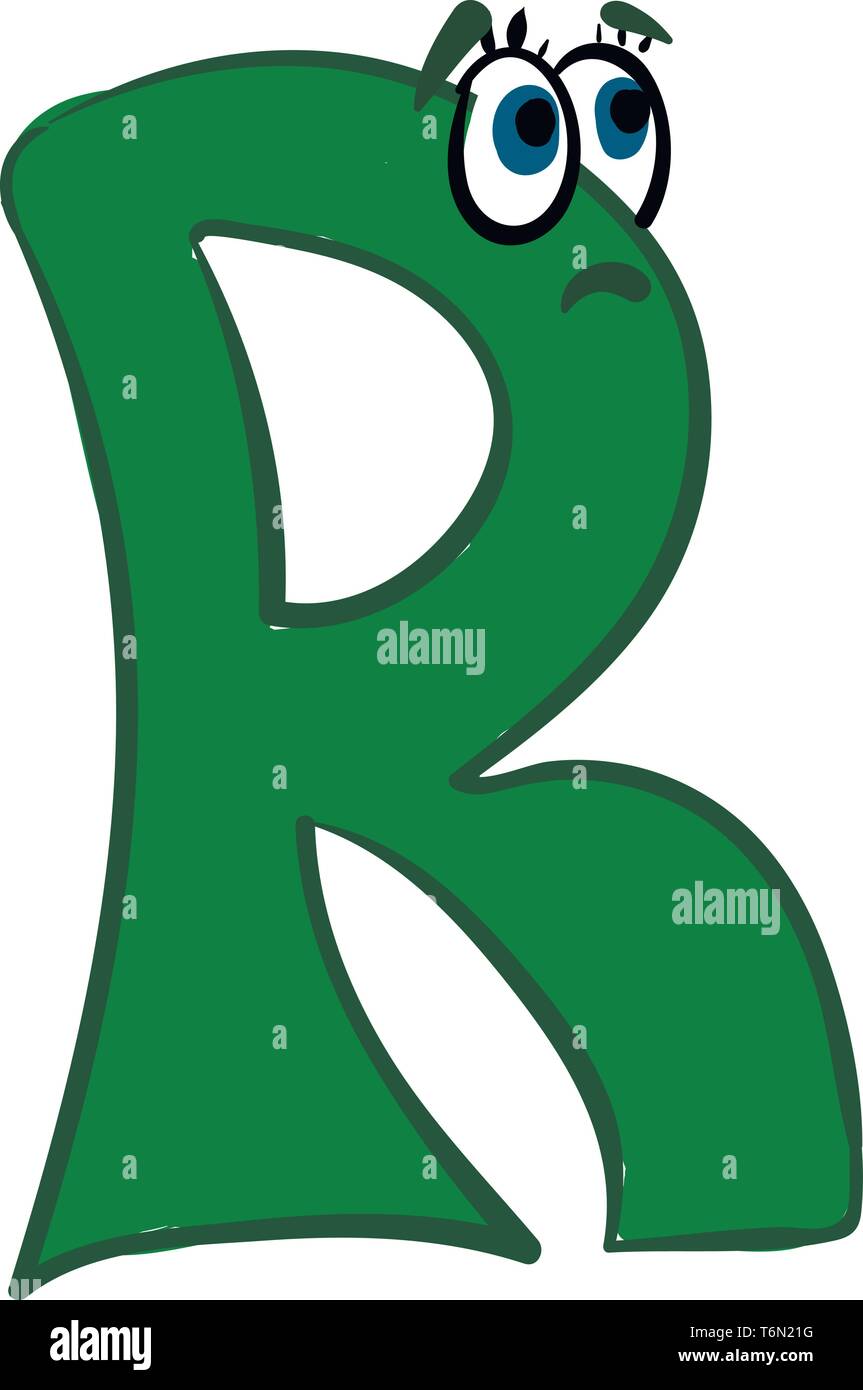 Gli Emoji del verde lettera alfabetica R con due occhi sporgenti esprimere la tristezza del vettore di disegno a colori o illustrazione Illustrazione Vettoriale