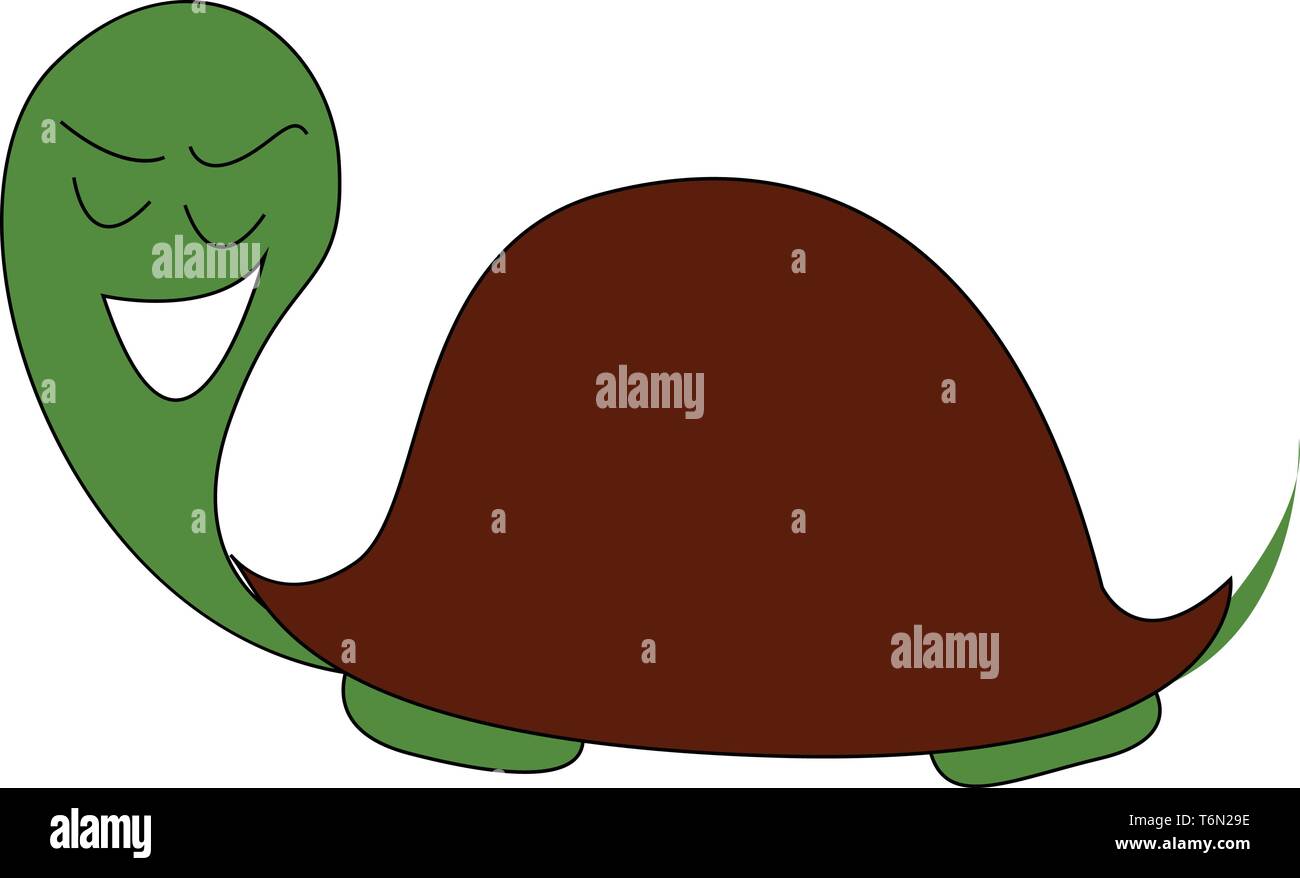 Clipart di un sorridente tartaruga verde scuro con guscio di colore marrone o scudo e Capo Verde con gli occhi chiusi è sorridere mentre vettore ridotta il colore di disegno o Illustrazione Vettoriale