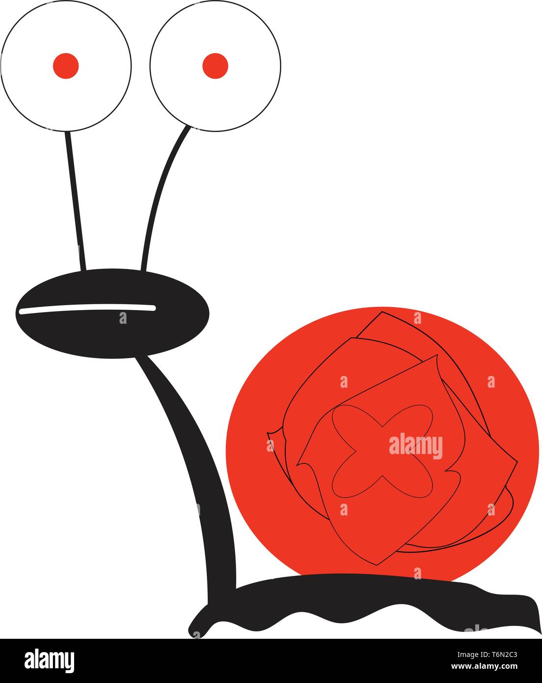 Un pazzo che va a passo di lumaca con il duro guscio a spirale in rosso e le altre parti in bianco e nero e una piccola linea bianca come la sua bocca da esplorare insieme con i suoi due occhi gonfi Illustrazione Vettoriale