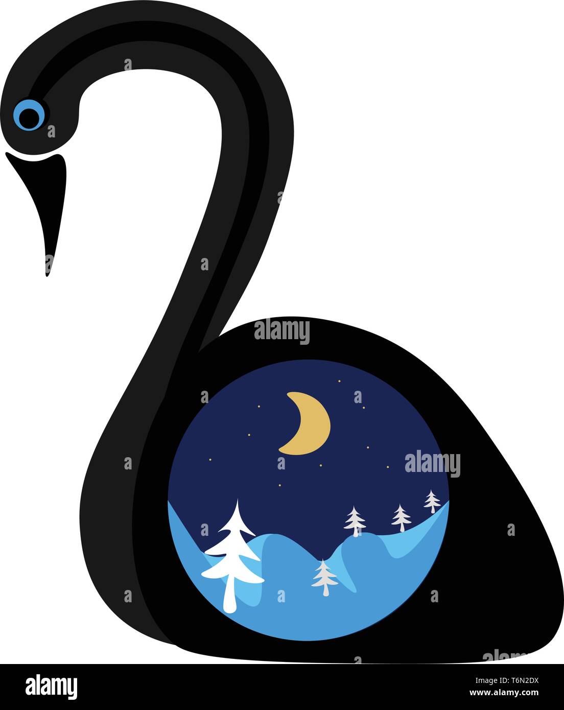 Paesaggio invernale di un soffice cigno bianco decorato con rose becco ali di piume e vettore di disegno a colori o illustrazione Illustrazione Vettoriale