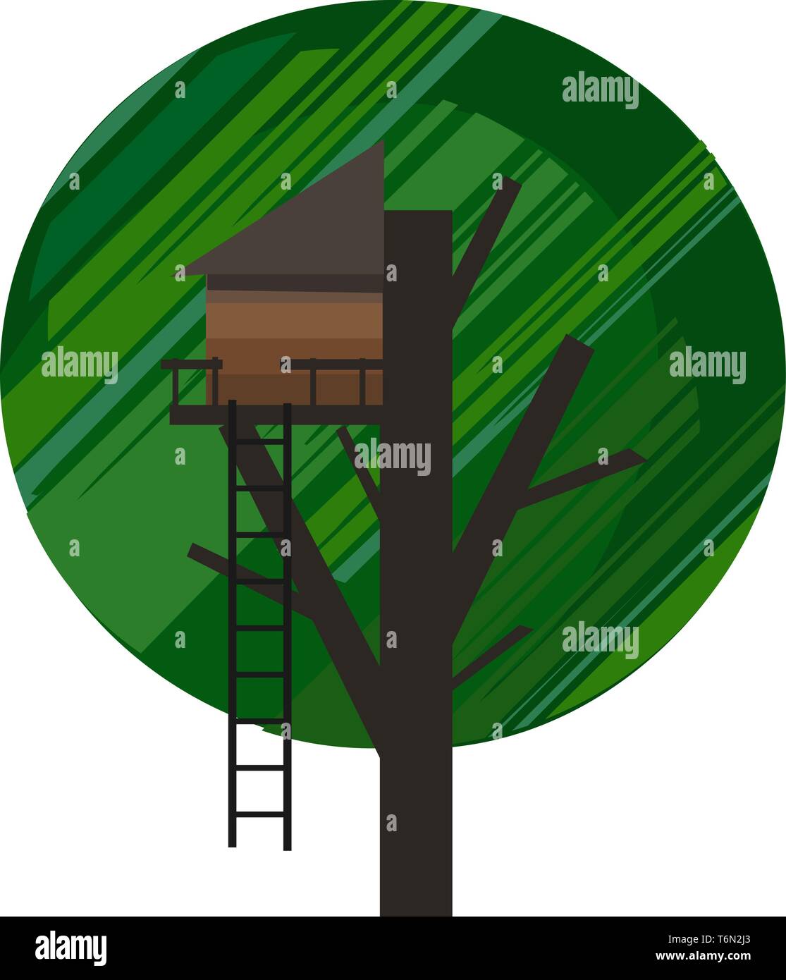 Ritratto di una treehouse costruito con una scala marrone costruito nei rami di un albero per far giocare i bambini nel vettore il colore di disegno o illustrazione Illustrazione Vettoriale