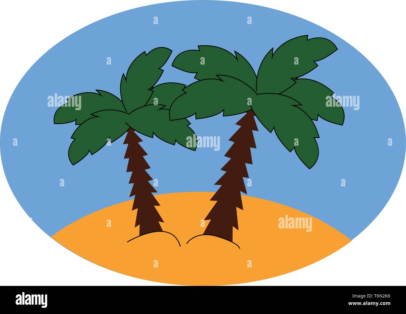 La vista panoramica di un paesaggio con due palme a ventaglio sopra lascia la terra e un cielo blu chiaro completa il vettore di fondo colore Illustrazione Vettoriale