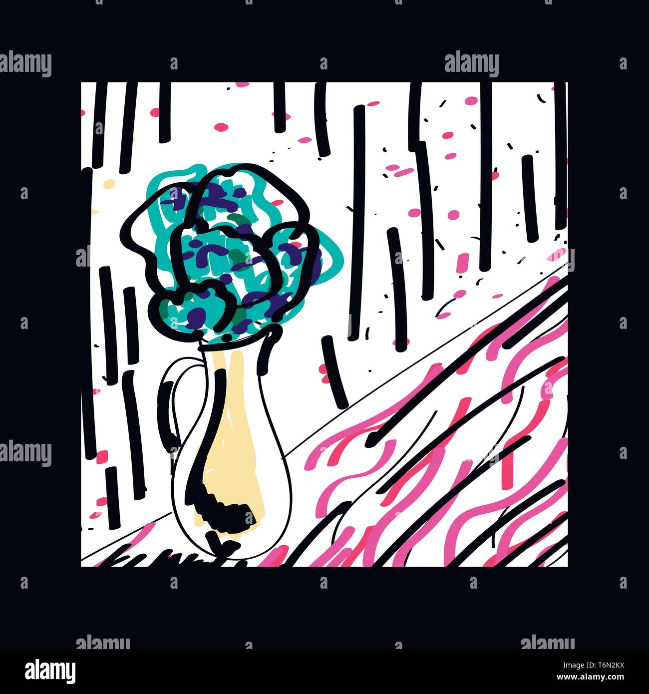 Disegno di un vaso di fiori che trattiene colorato di blu fiori impostato su un nero telaio rettangolare di colore del vettore di disegno o illustrazione Illustrazione Vettoriale